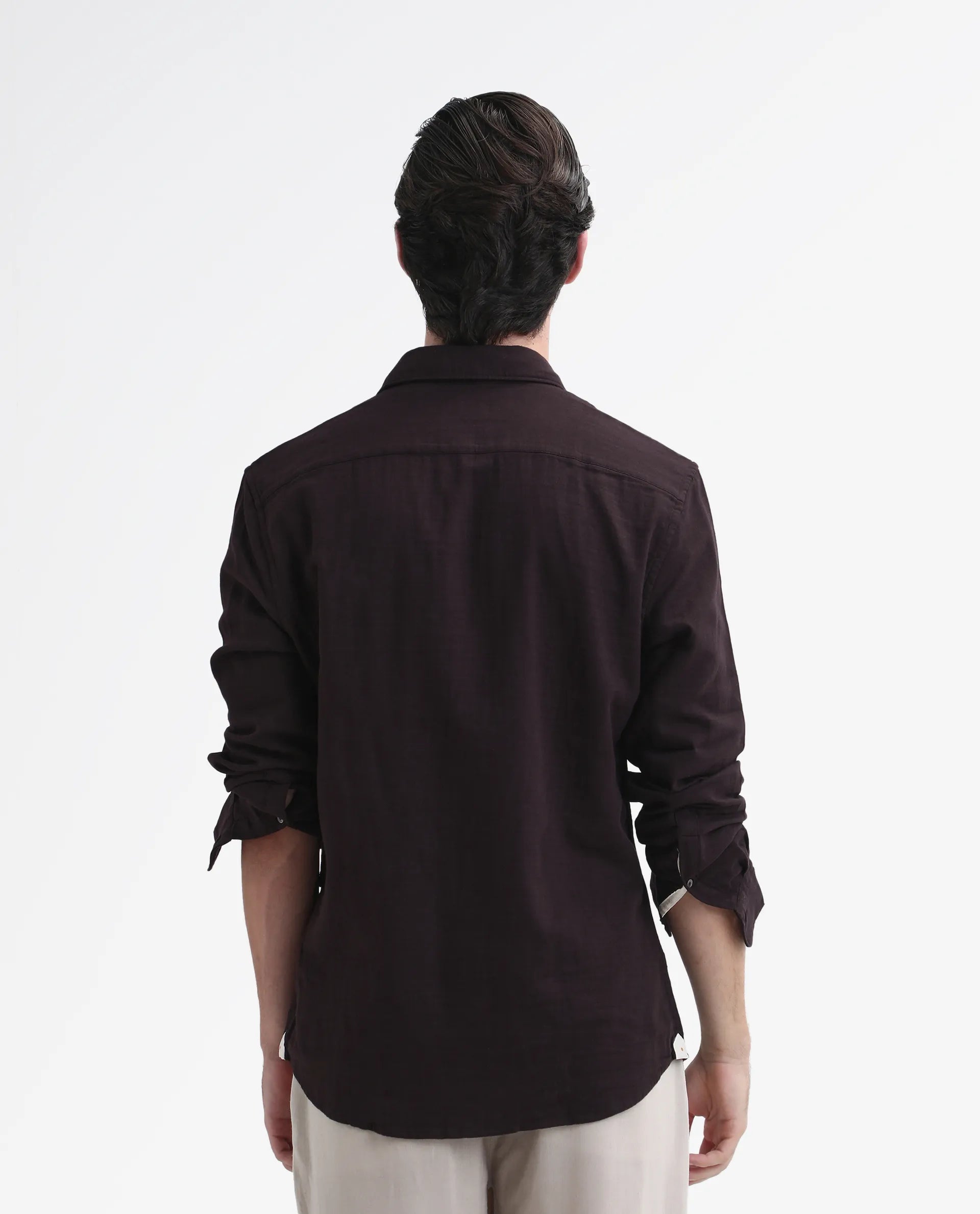 Rare Rabbit Men's Layerr-26 Dark Brown Cotton Plain Regular Fit Full Sleeve Collared Shirt