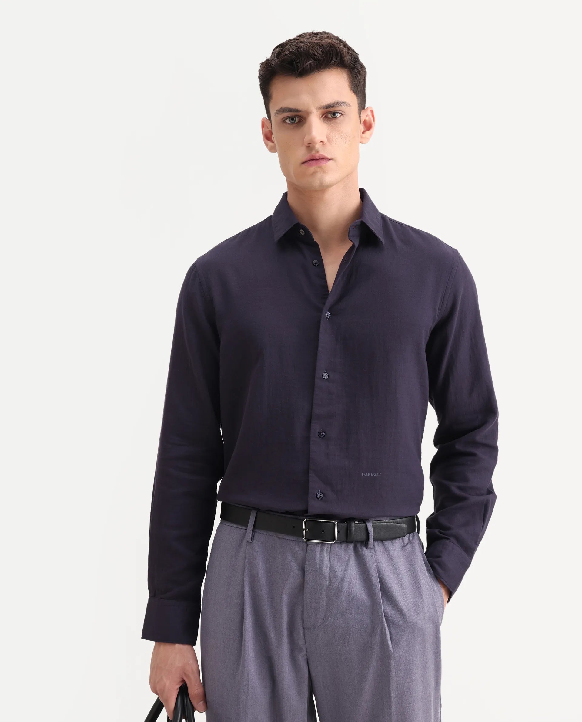 Rare Rabbit Men's Layerr-26 Purple Cotton Plain Regular Fit Full Sleeve Spread Collar Shirt