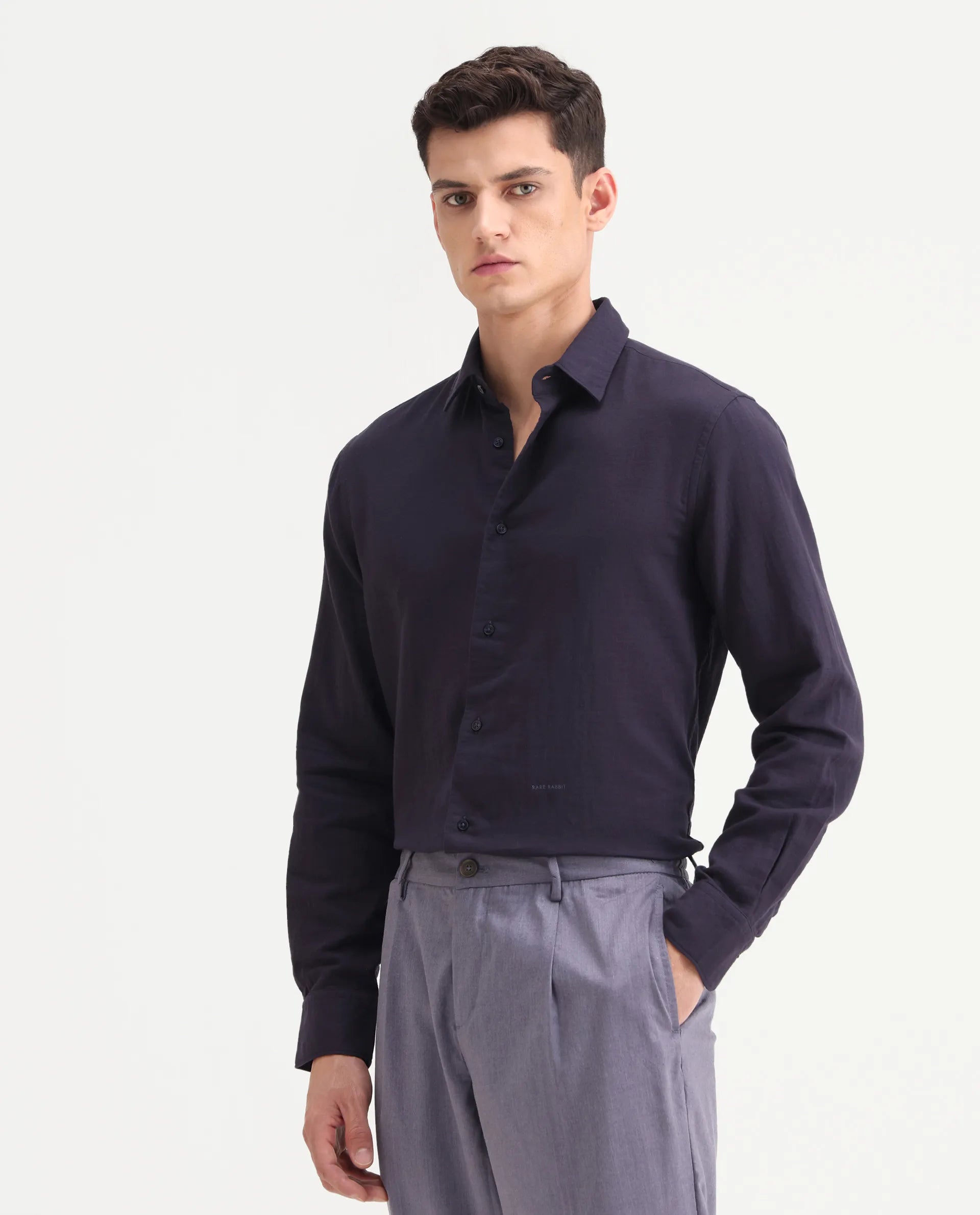 Rare Rabbit Men's Layerr-26 Purple Cotton Plain Regular Fit Full Sleeve Spread Collar Shirt