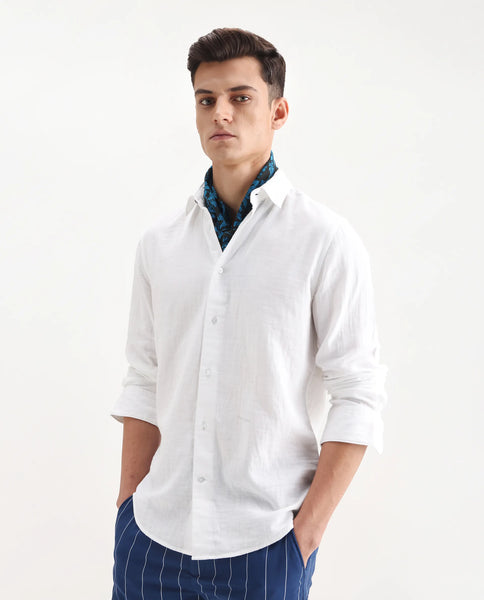 Rare Rabbit Men Layerr-2 Off White Cotton Fabric Full Sleeve Regular Fit Solid Shirt