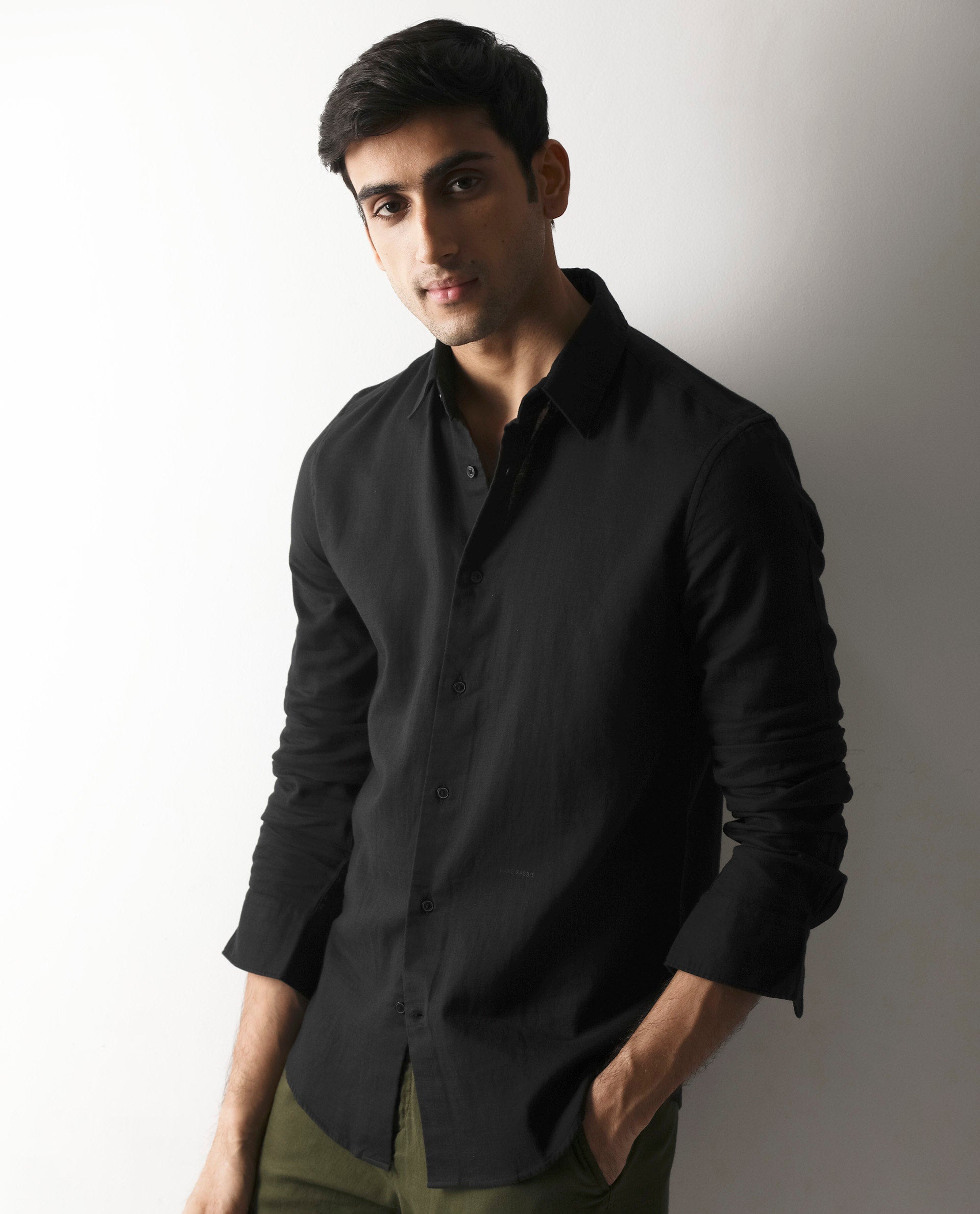 Rare Rabbit Men's Layerr-2 Black Cotton Fabric Full Sleeve Regular Fit Solid Shirt