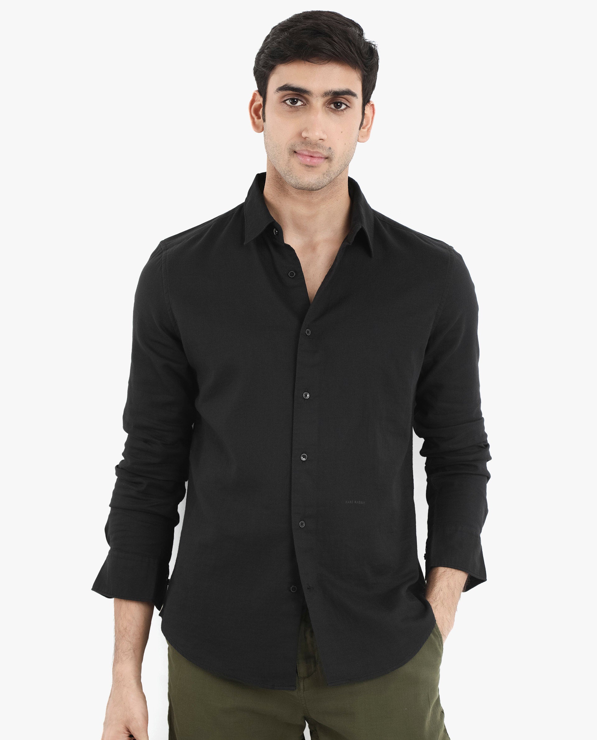 Rare Rabbit Men's Layerr-2 Black Cotton Fabric Full Sleeve Regular Fit Solid Shirt