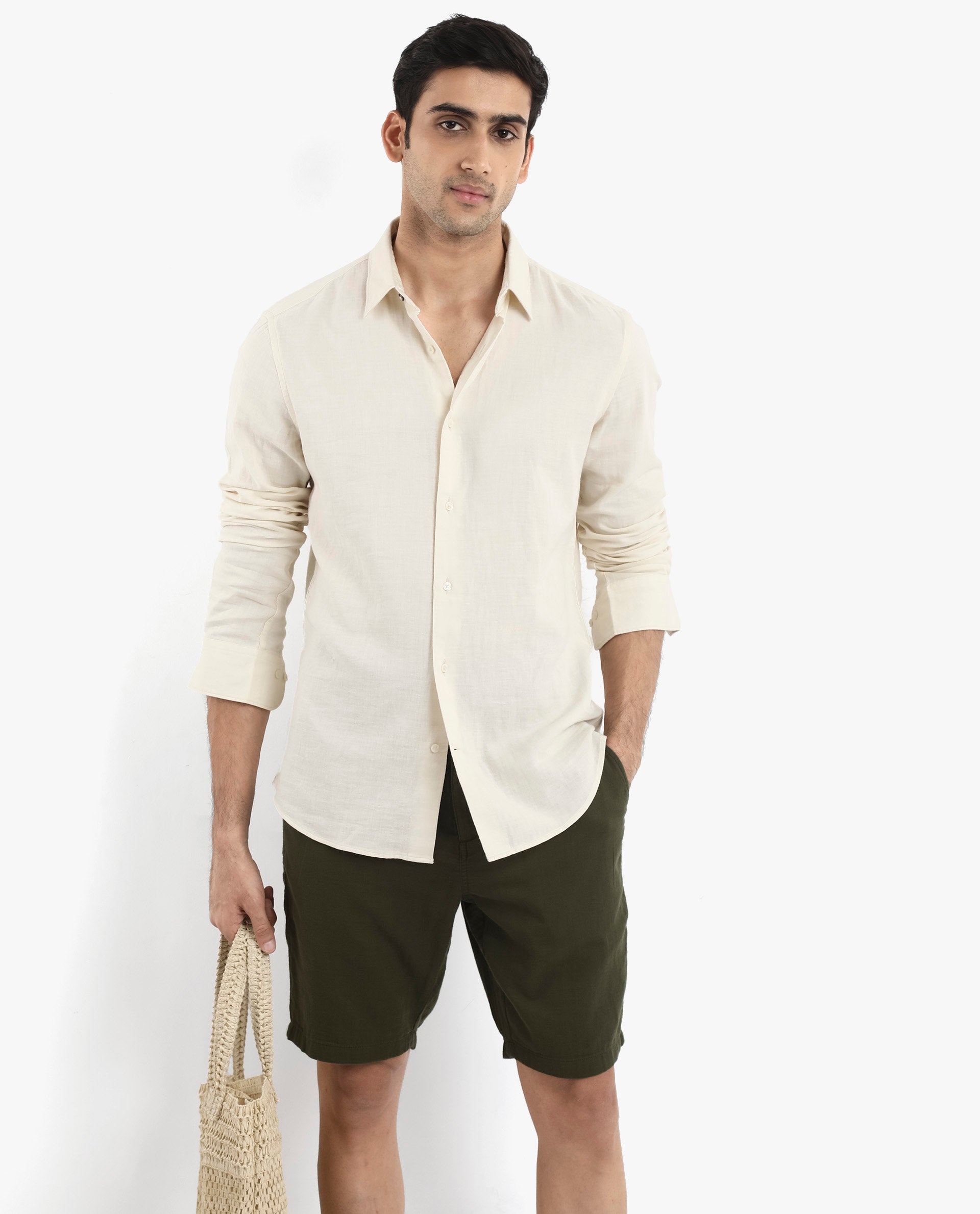 Rare Rabbit Men Layerr-2 Off White Cotton Fabric Full Sleeve Regular Fit Solid Shirt