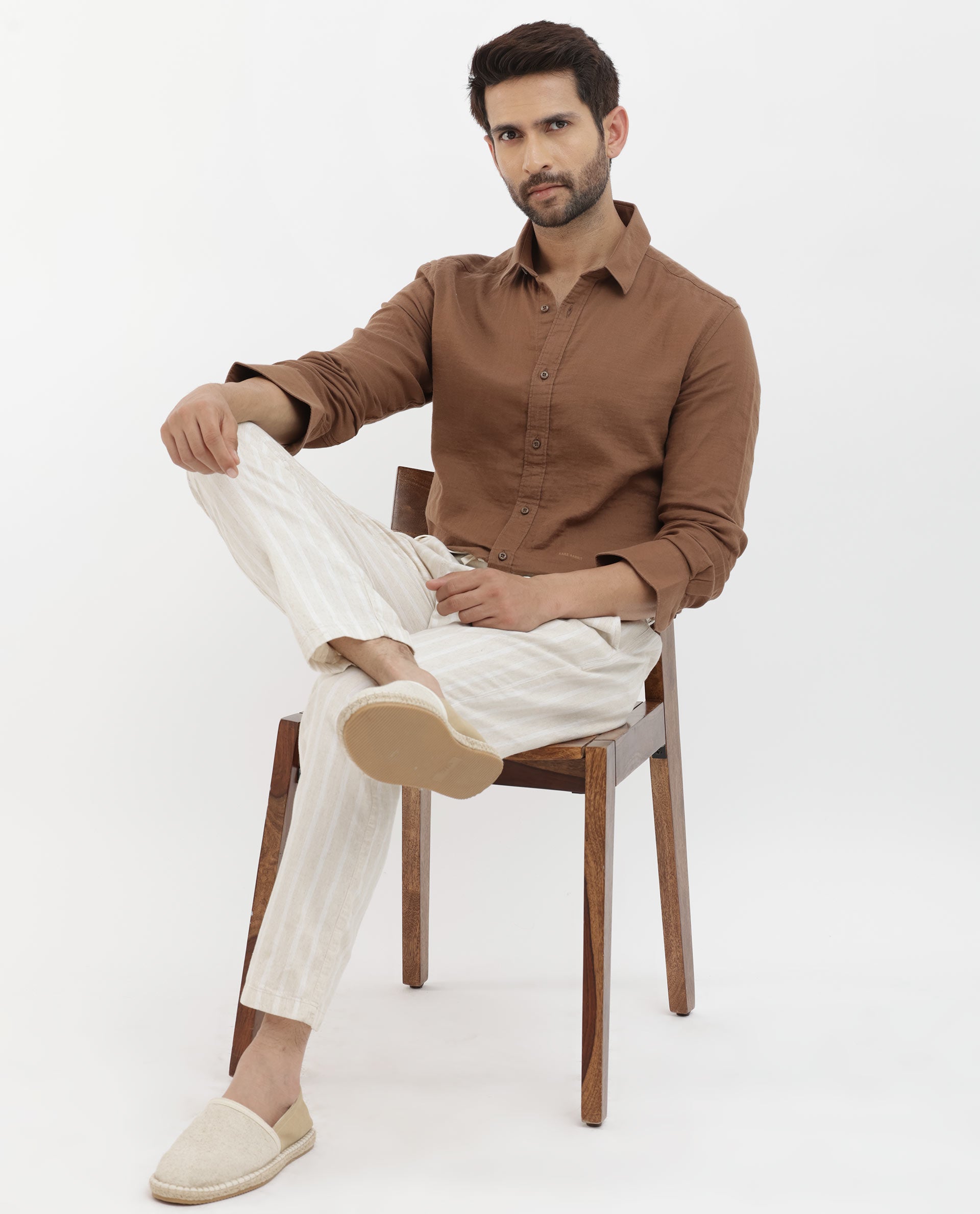 Rare Rabbit Mens Layerr Brown Cotton Fabric Full Sleeves Solid Shirt