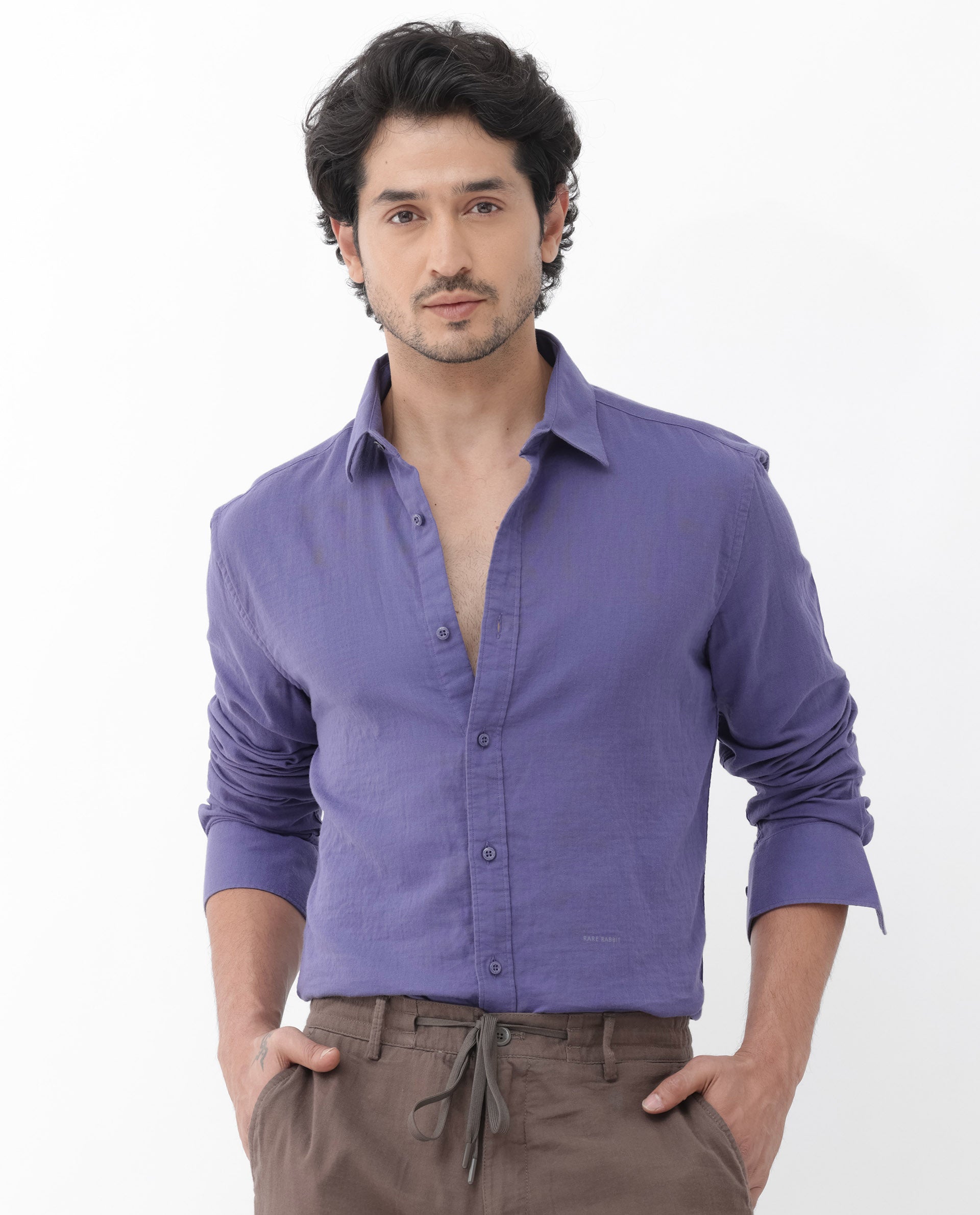 Rare Rabbit Mens Layerr Dusky Purple Cotton Fabric Full Sleeves Solid Shirt