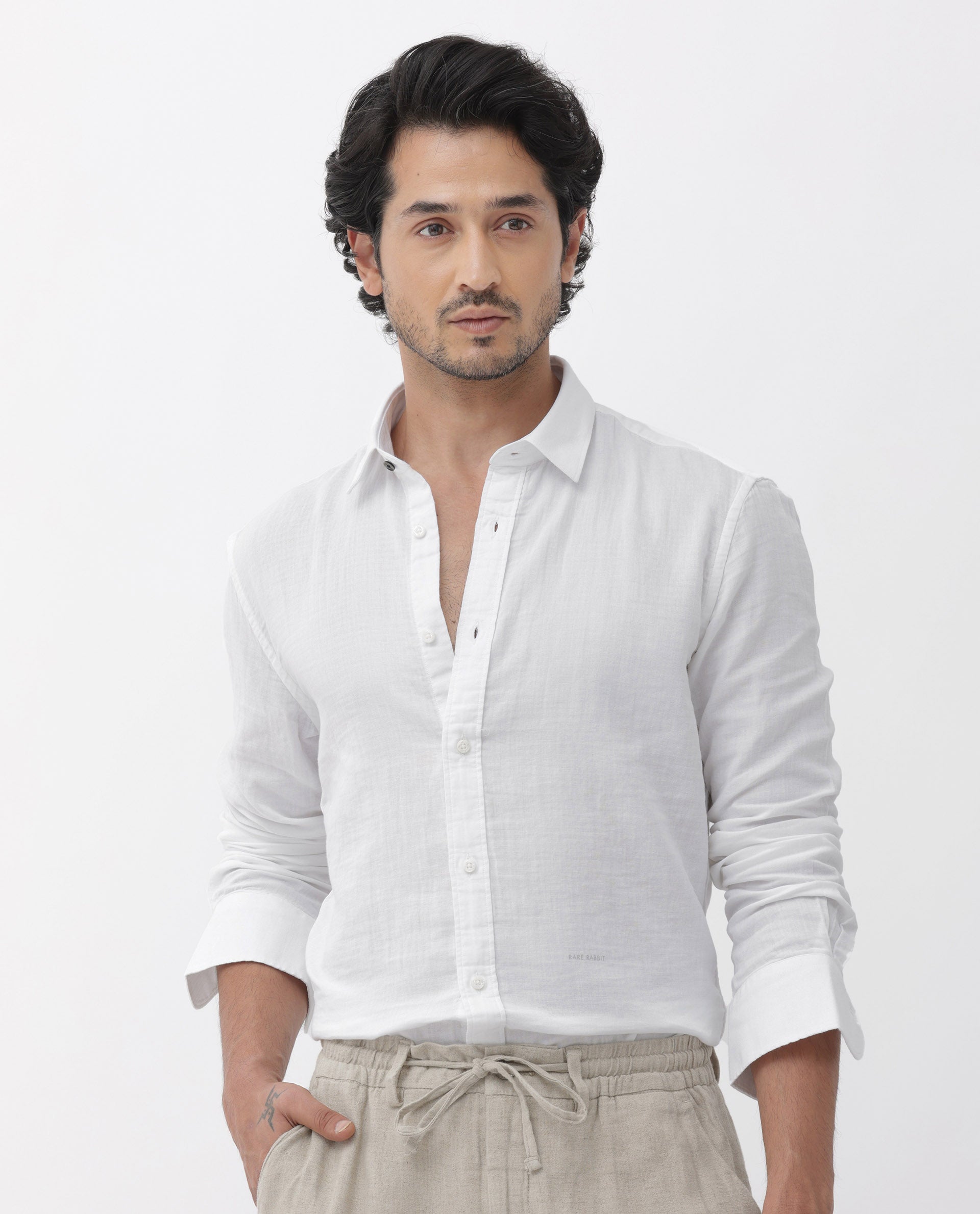 Rare Rabbit Mens Layerr Dusky White Cotton Fabric Full Sleeves Solid Shirt