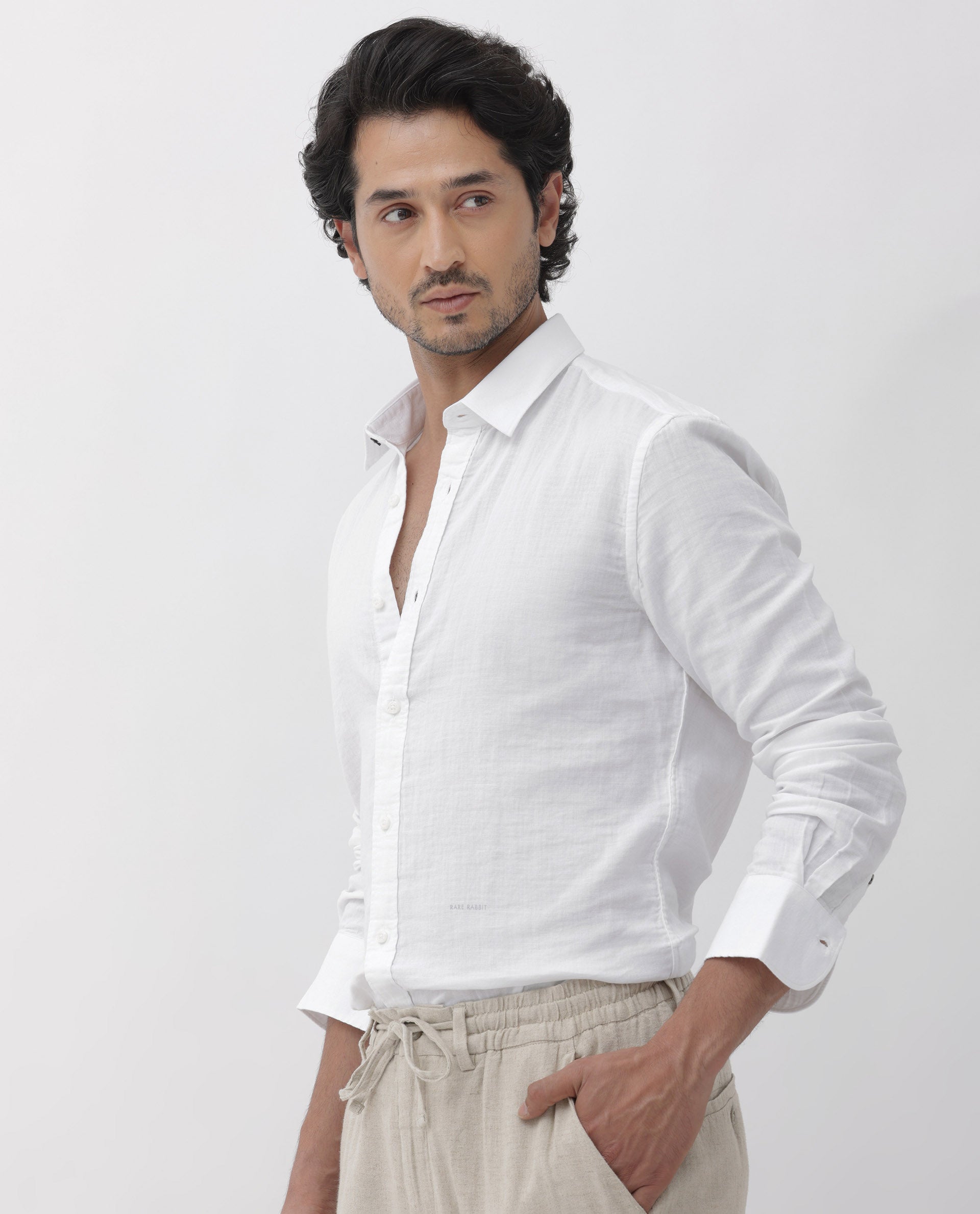 Rare Rabbit Mens Layerr Dusky White Cotton Fabric Full Sleeves Solid Shirt