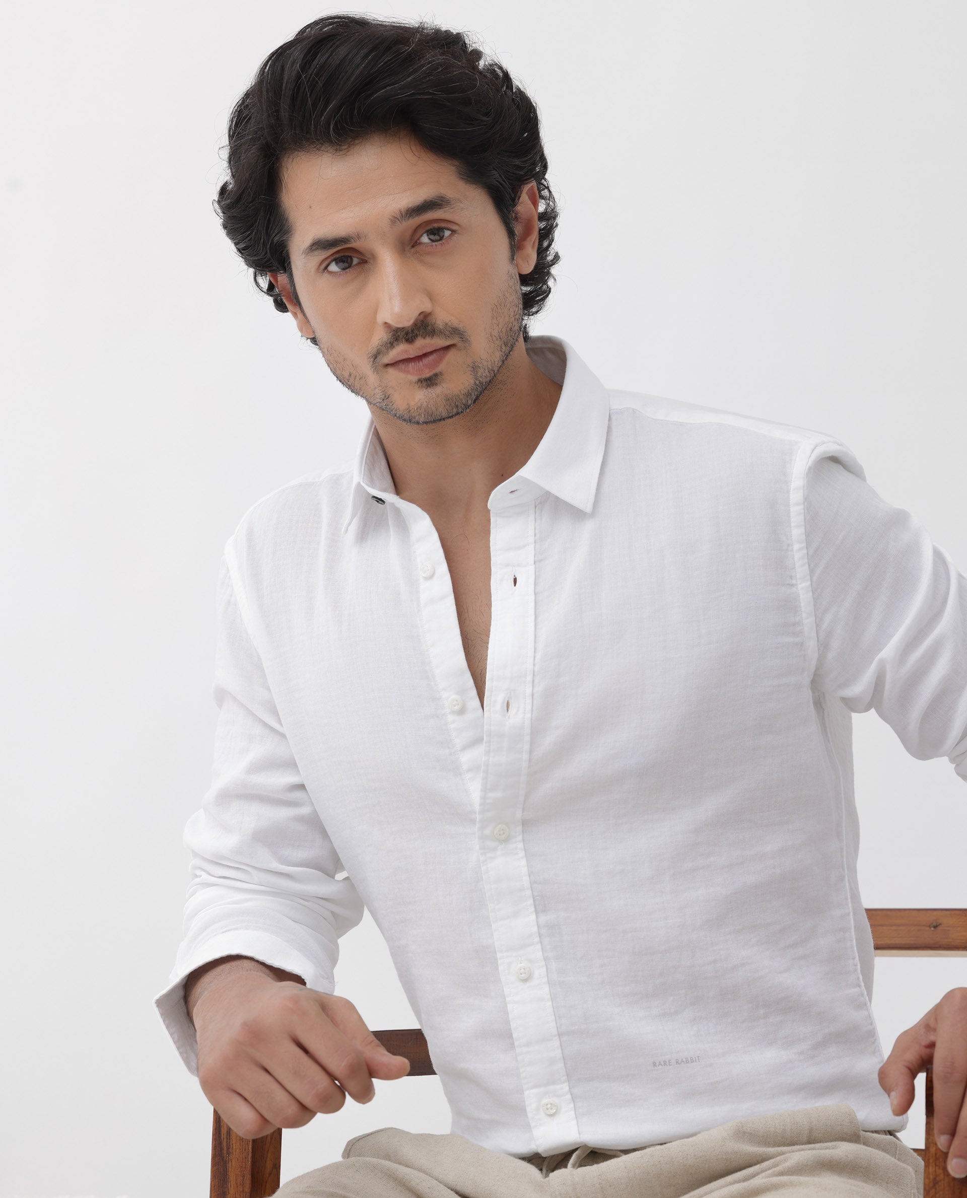 Rare Rabbit Mens Layerr Dusky White Cotton Fabric Full Sleeves Solid Shirt