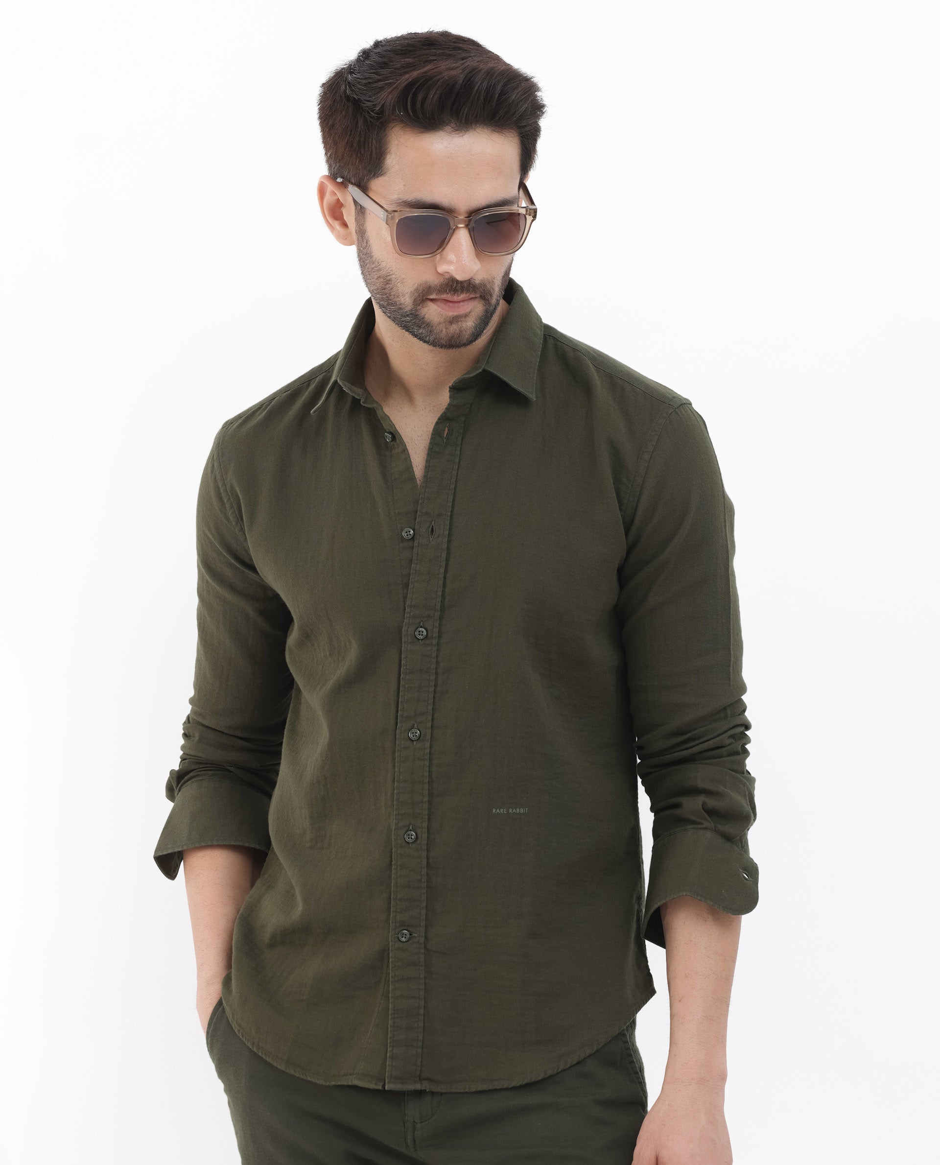 Rare Rabbit Mens Layerr Olive Cotton Fabric Full Sleeves Solid Shirt