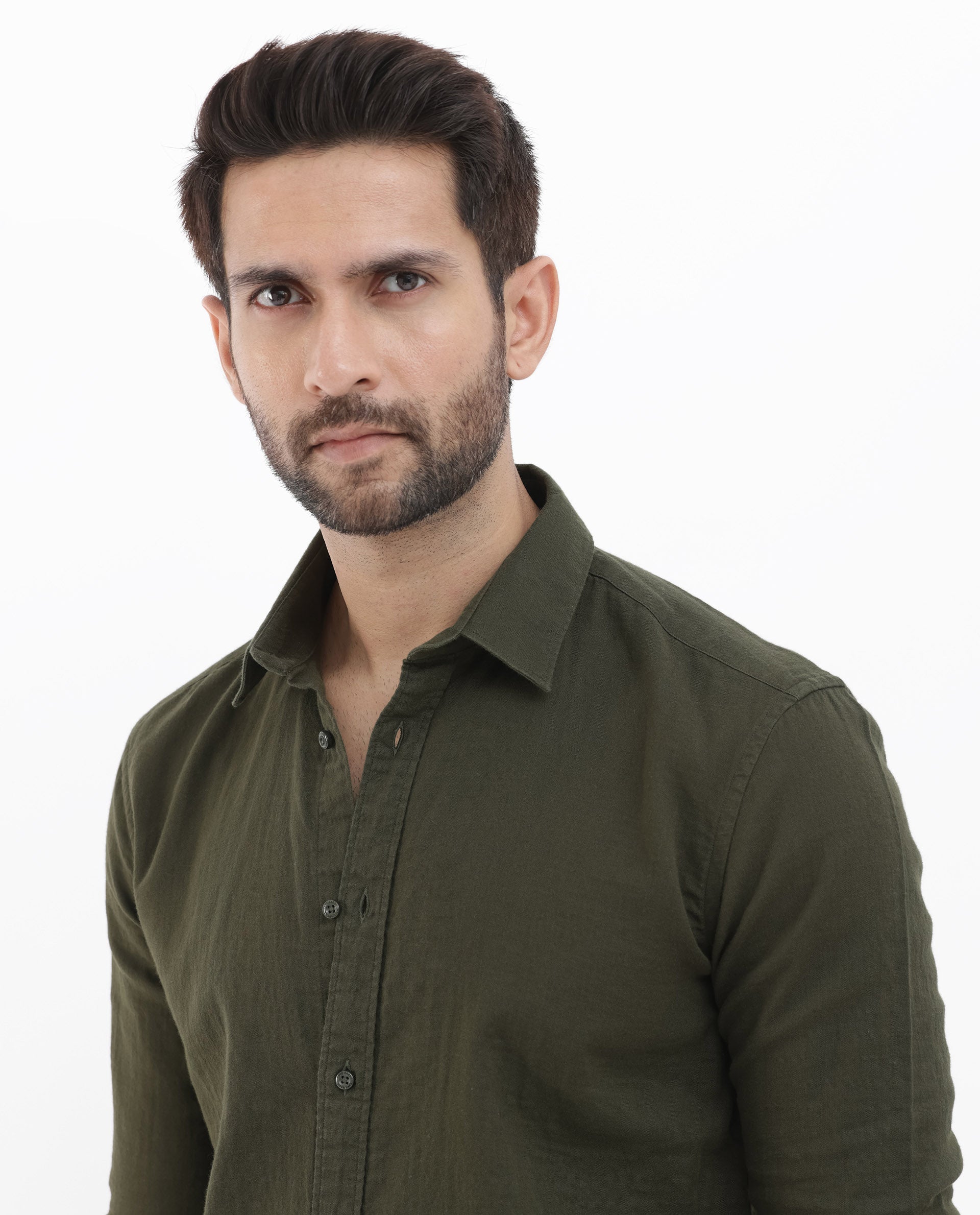 Rare Rabbit Mens Layerr Olive Cotton Fabric Full Sleeves Solid Shirt