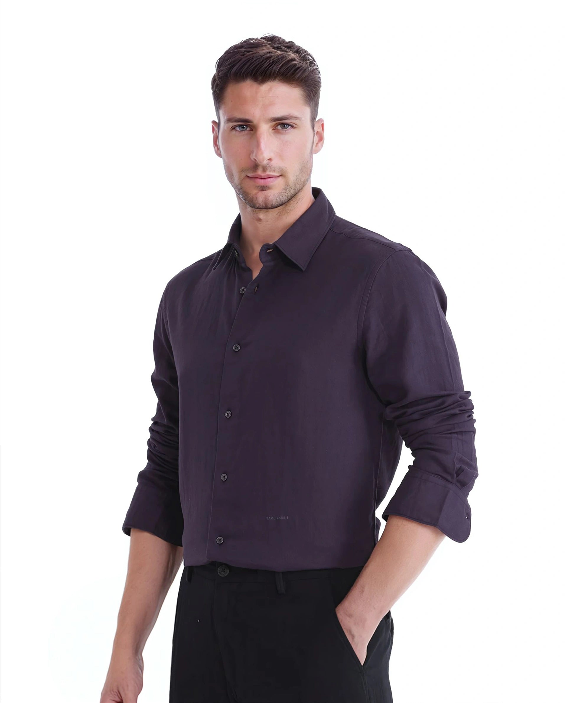 Rare Rabbit Men Layerr Ls-25 Purple Cotton Fabric Full Sleeves Collared Neck Button Closure Plain Shirt