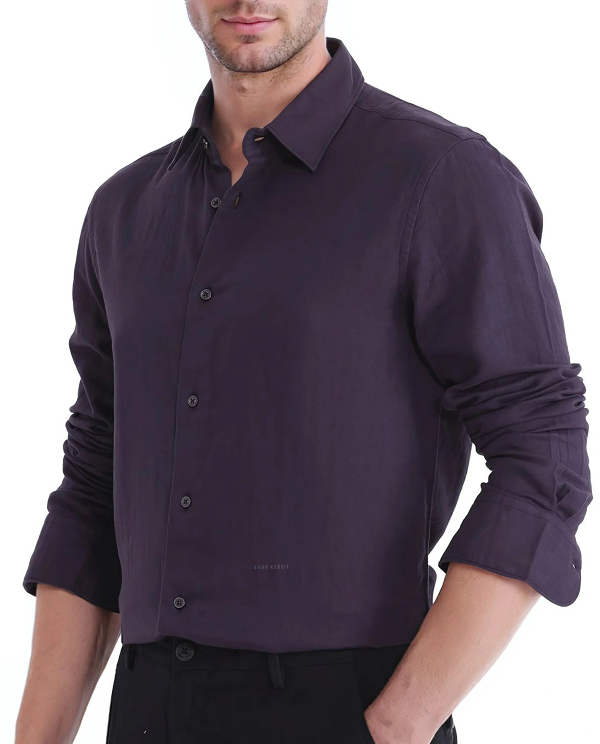 Rare Rabbit Men Layerr Ls-25 Purple Cotton Fabric Full Sleeves Collared Neck Button Closure Plain Shirt
