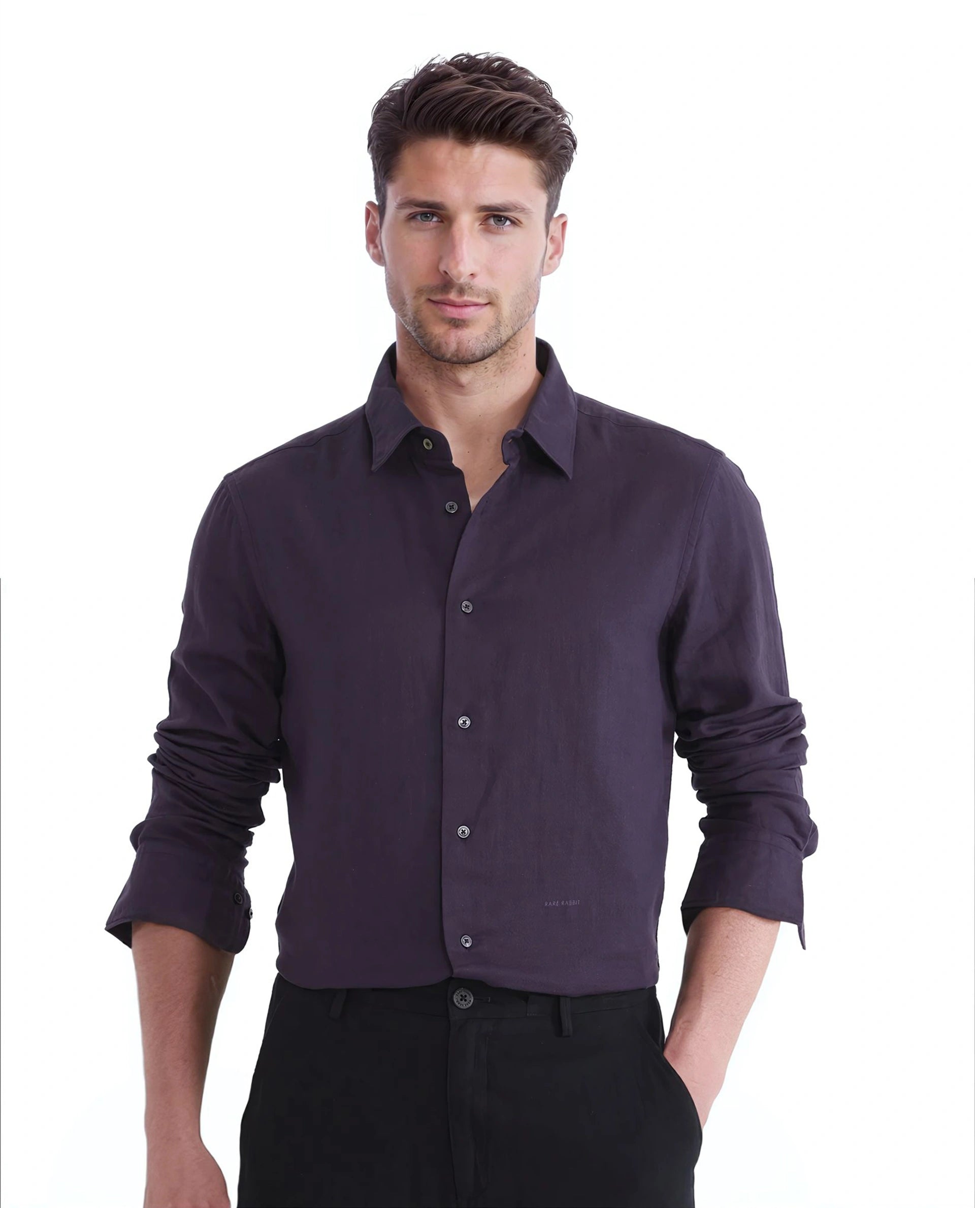 Rare Rabbit Men Layerr Ls-25 Purple Cotton Fabric Full Sleeves Collared Neck Button Closure Plain Shirt