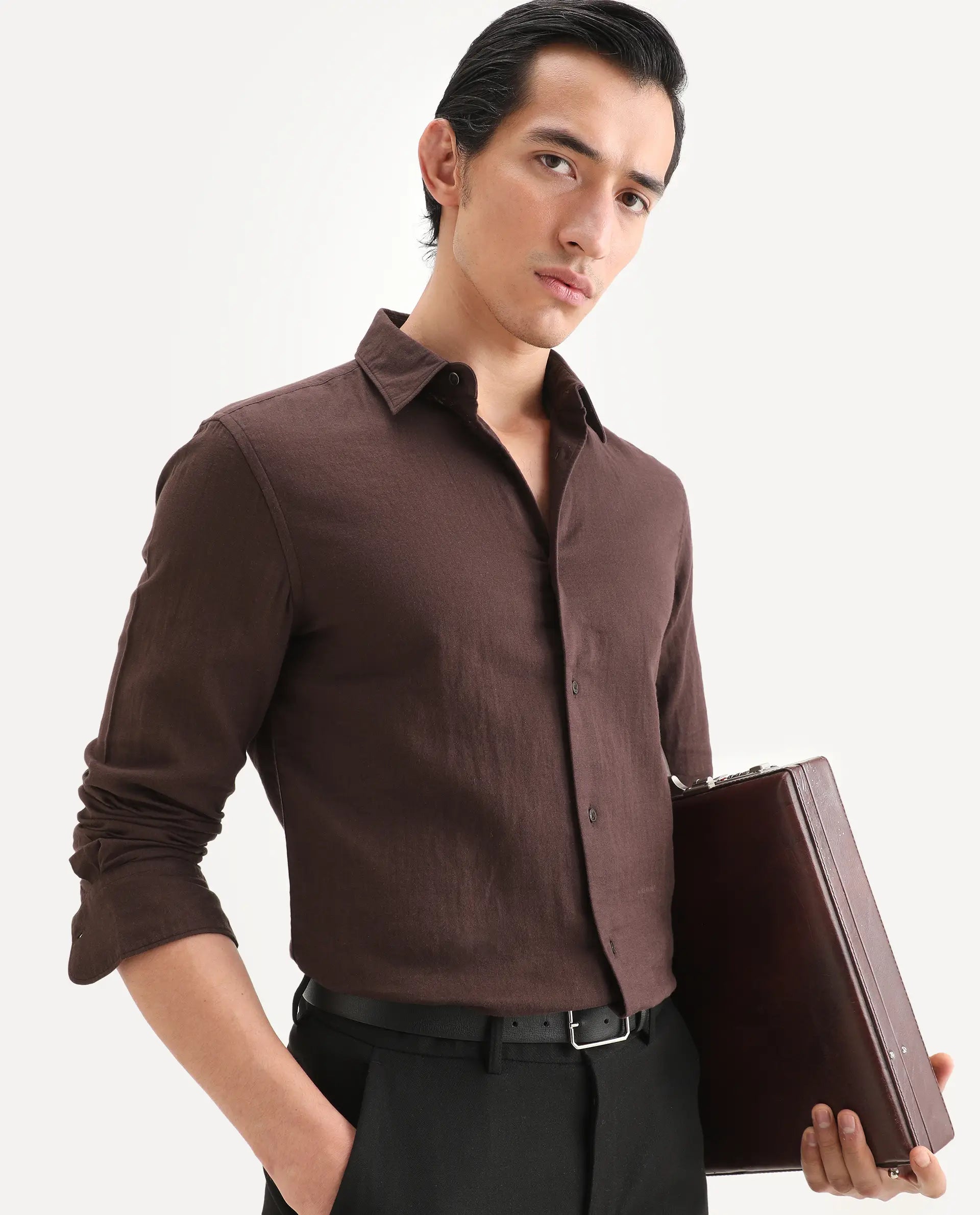 Rare Rabbit Men's Layerr-Ls Brown Cotton Fabric Full Sleeve Spread Collar Regular Fit Plain Shirt