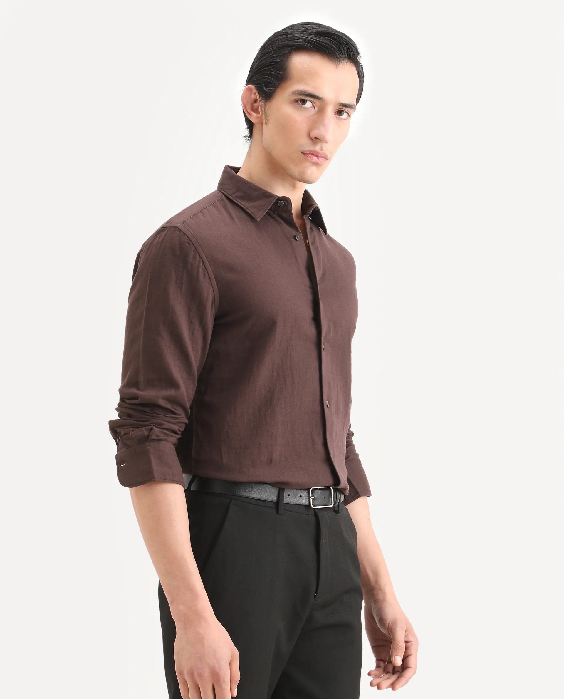 Rare Rabbit Men's Layerr-Ls Brown Cotton Fabric Full Sleeve Spread Collar Regular Fit Plain Shirt