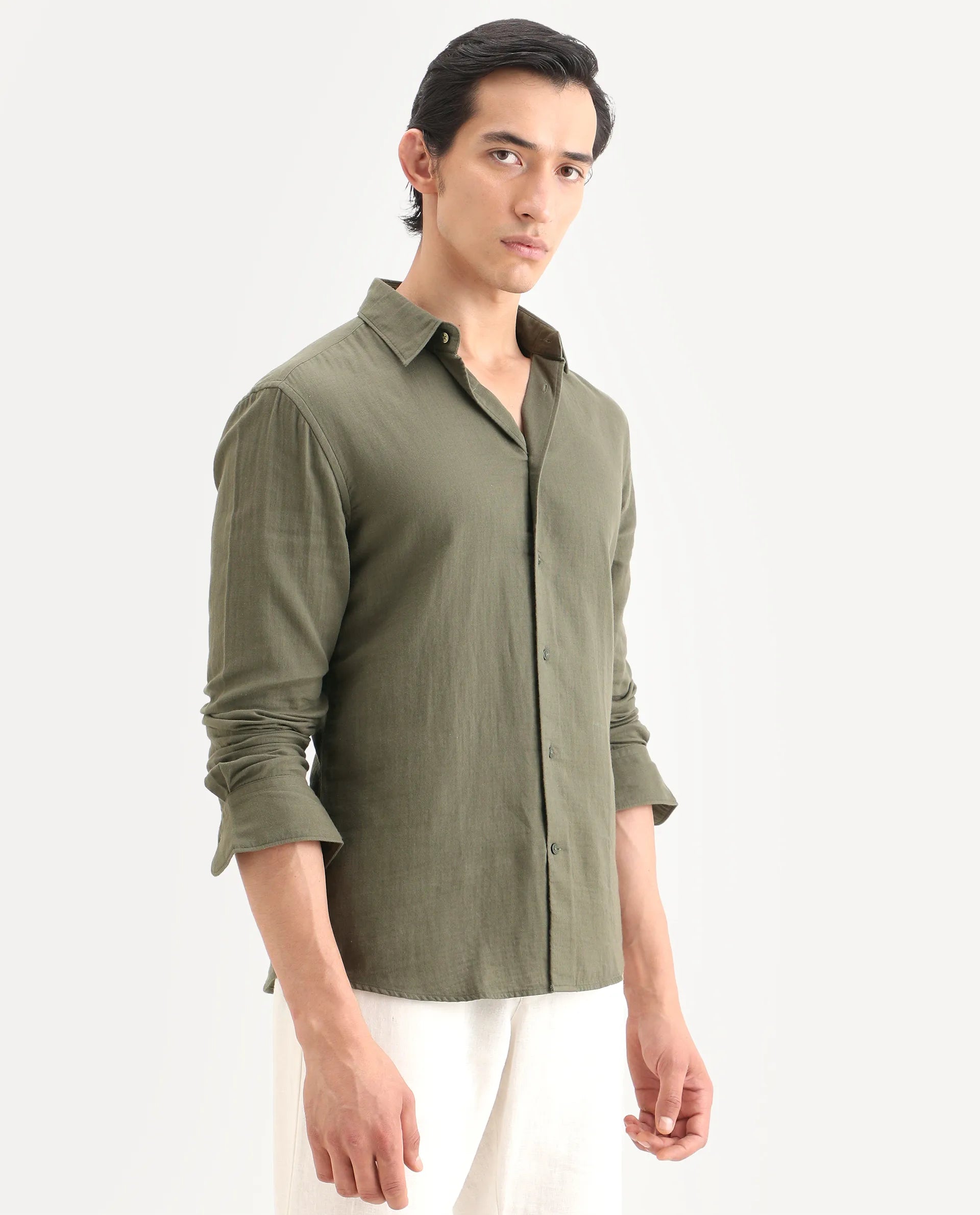 Rare Rabbit Men's Layerr-Ls Olive Cotton Plain Regular Fit Full Sleeve Collared Shirt