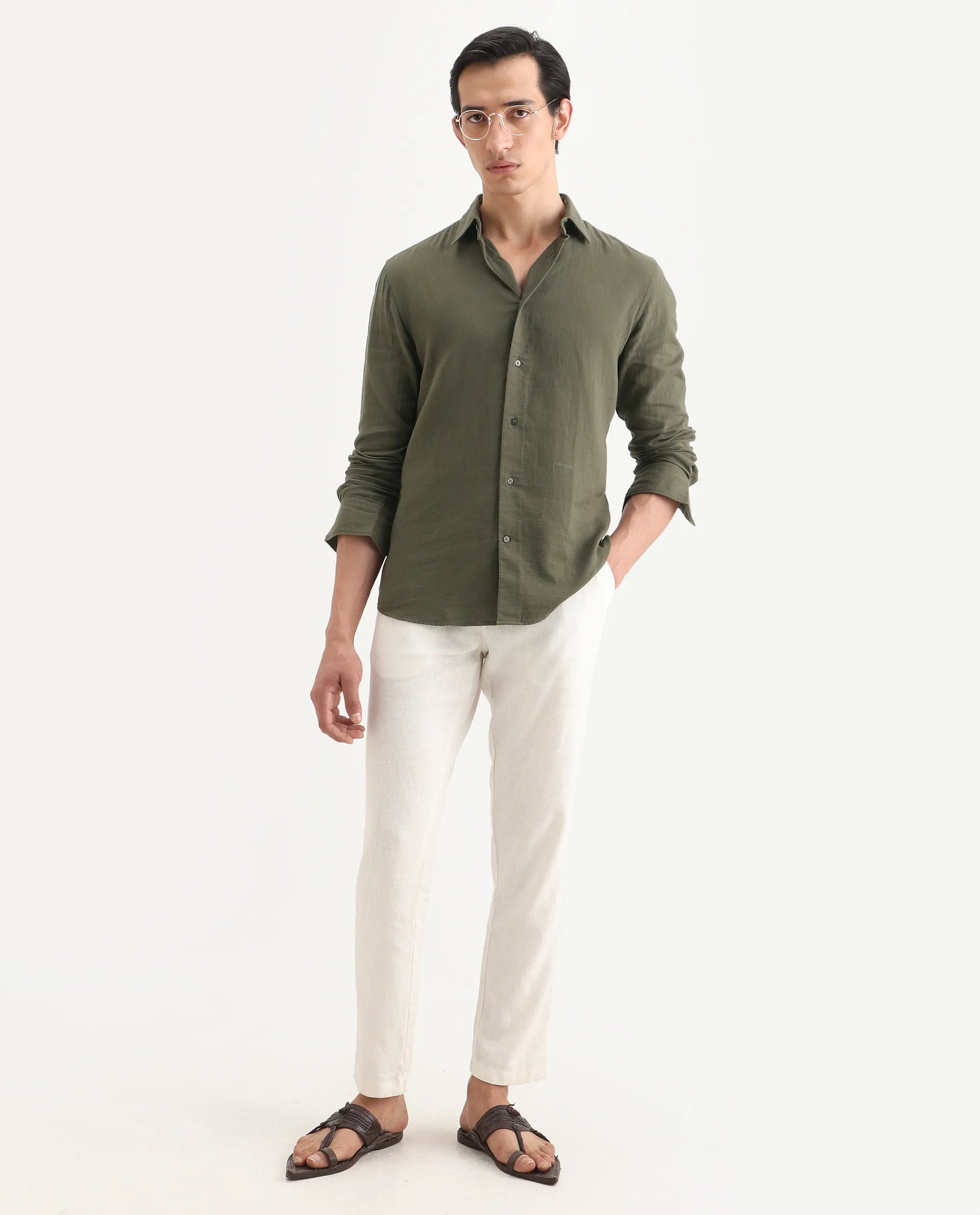 Rare Rabbit Men's Layerr-Ls Olive Cotton Plain Regular Fit Full Sleeve Collared Shirt