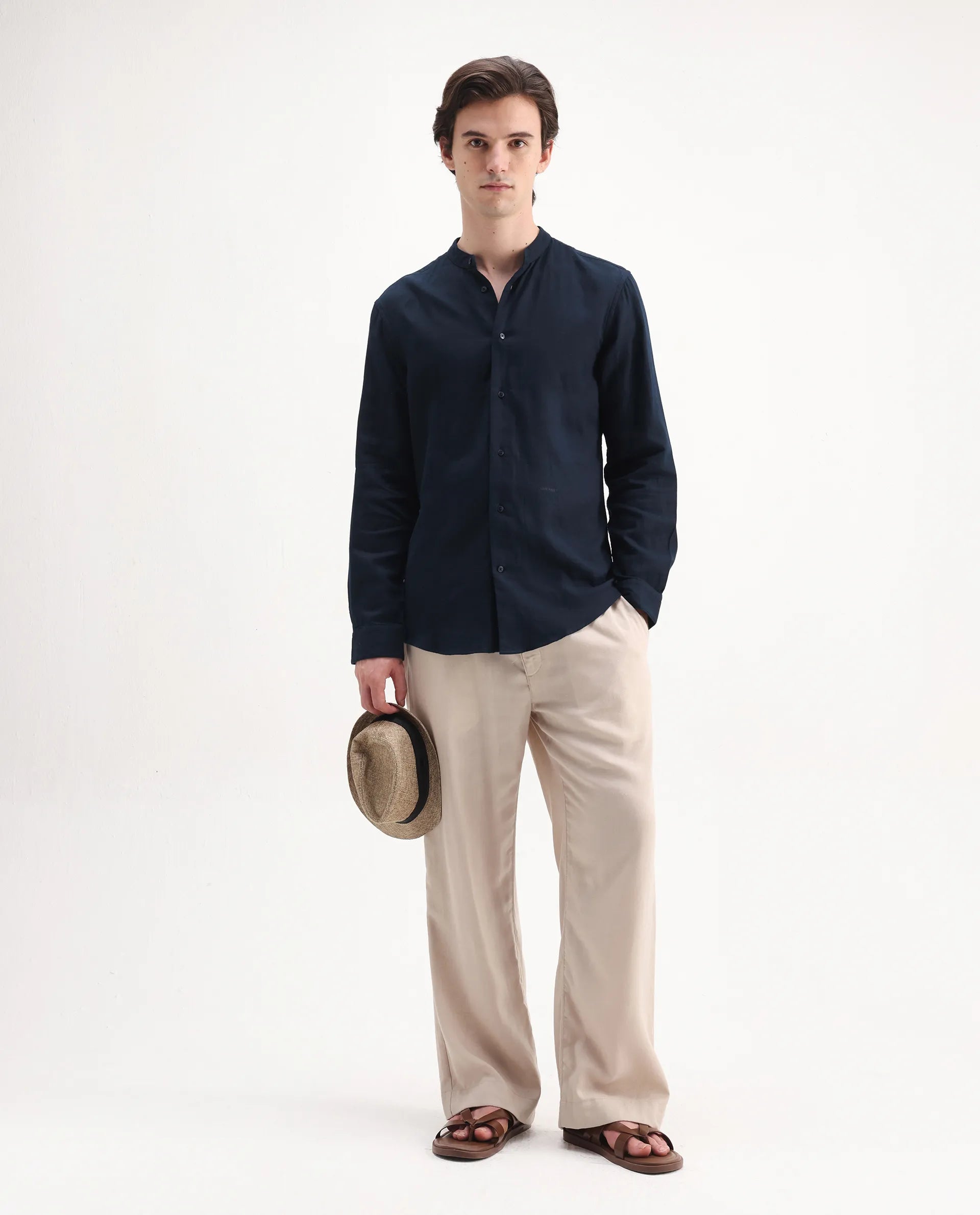 Rare Rabbit Men's Layerr-Md-26 Navy Cotton Plain Regular Fit Full Sleeve Mandarin Collar Shirt