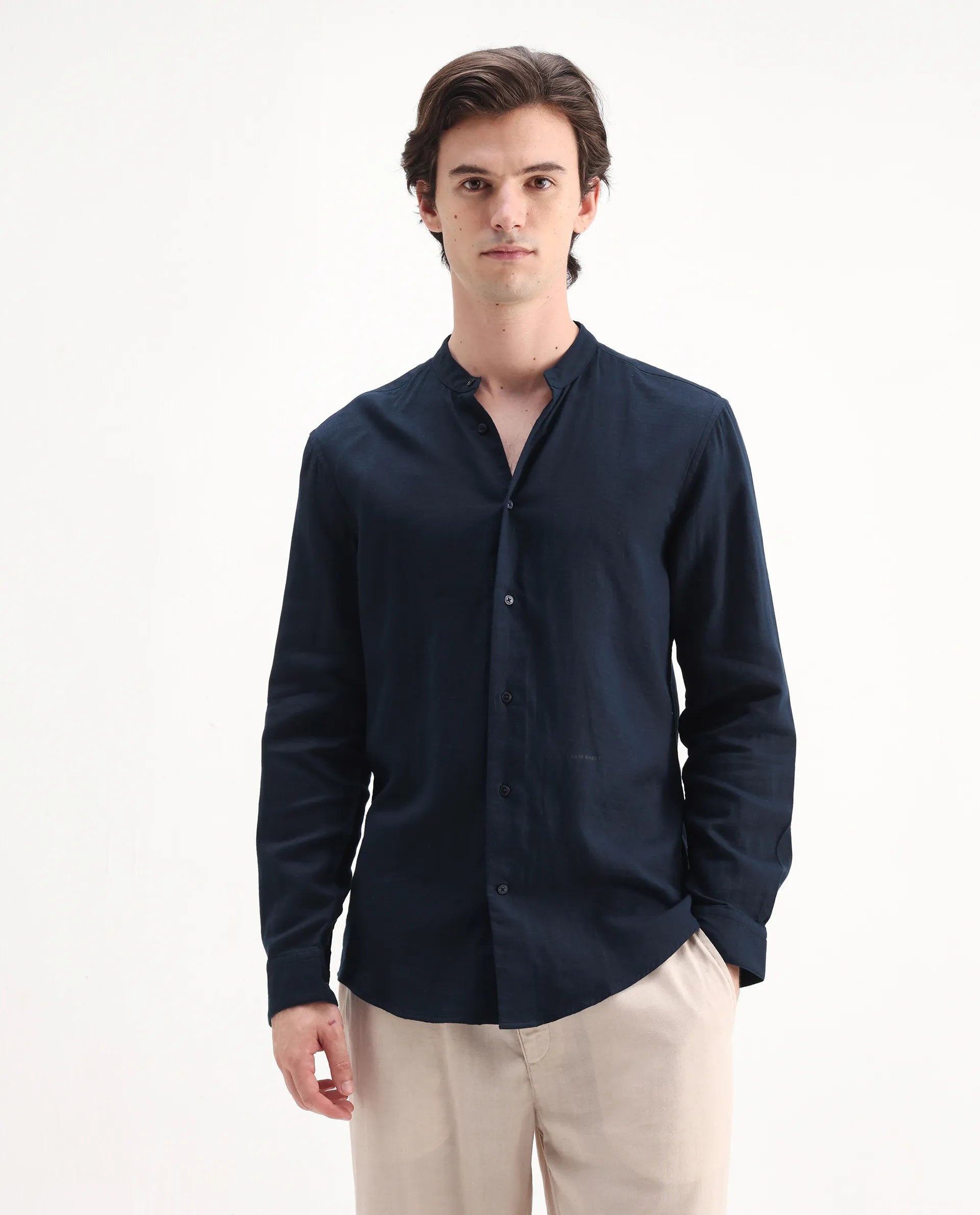 Rare Rabbit Men's Layerr-Md-26 Navy Cotton Plain Regular Fit Full Sleeve Mandarin Collar Shirt