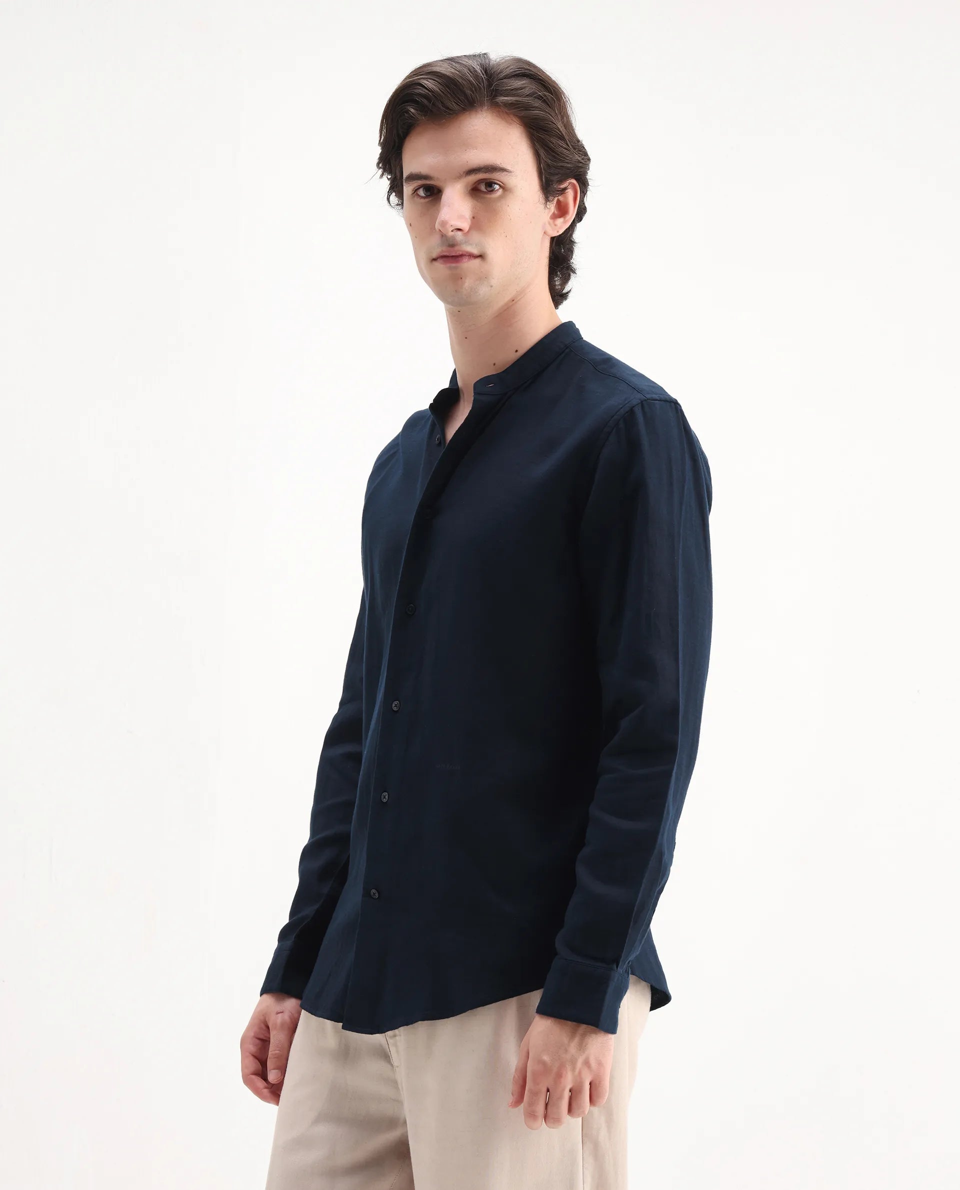 Rare Rabbit Men's Layerr-Md-26 Navy Cotton Plain Regular Fit Full Sleeve Mandarin Collar Shirt