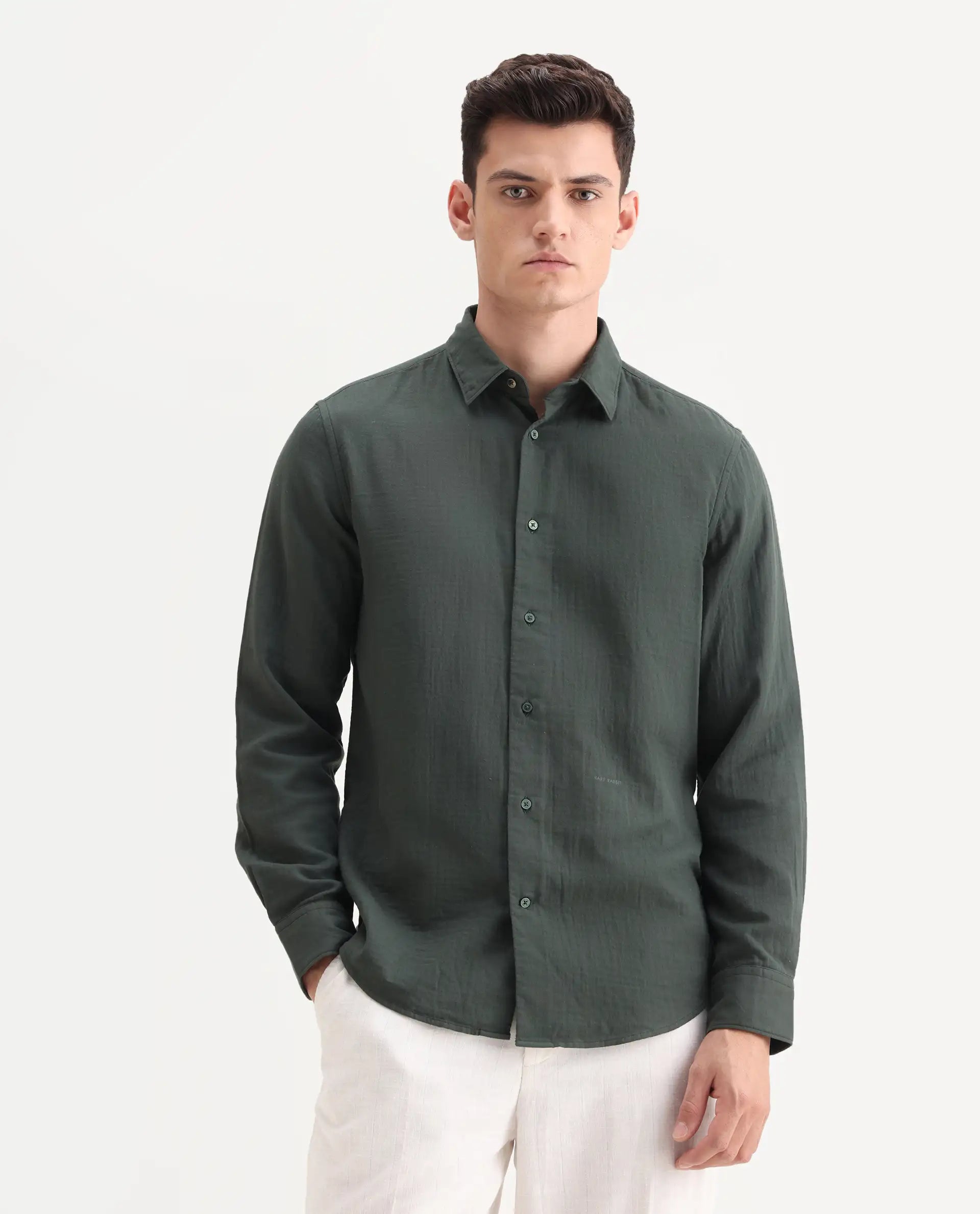 Rare Rabbit Men's Layerr-26 Green Cotton Plain Regular Fit Full Sleeve Spread Collar Shirt