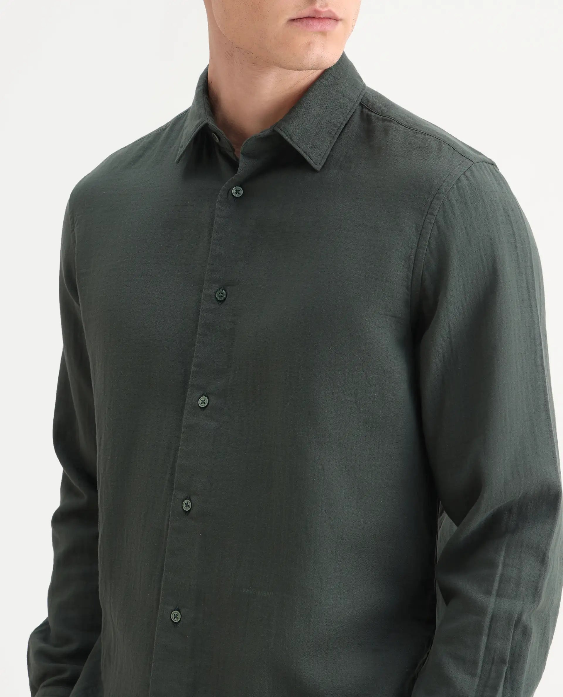 Rare Rabbit Men's Layerr-26 Green Cotton Plain Regular Fit Full Sleeve Spread Collar Shirt