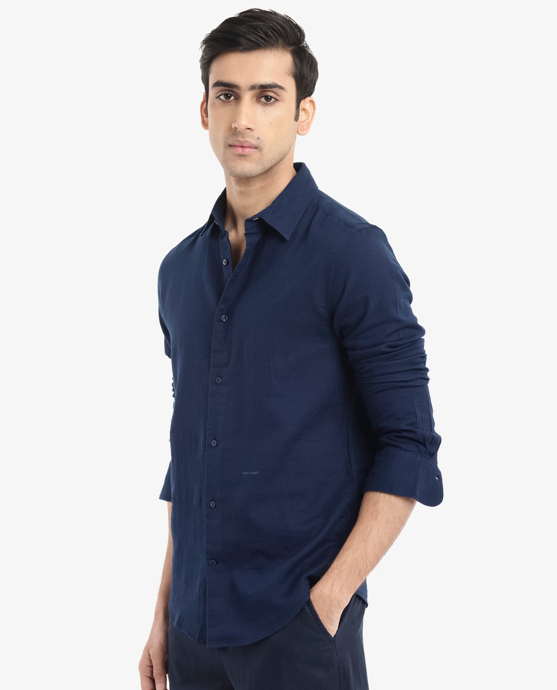 Rare Rabbit Men Layerr-2 Navy Cotton Fabric Full Sleeve Regular Fit Solid Shirt