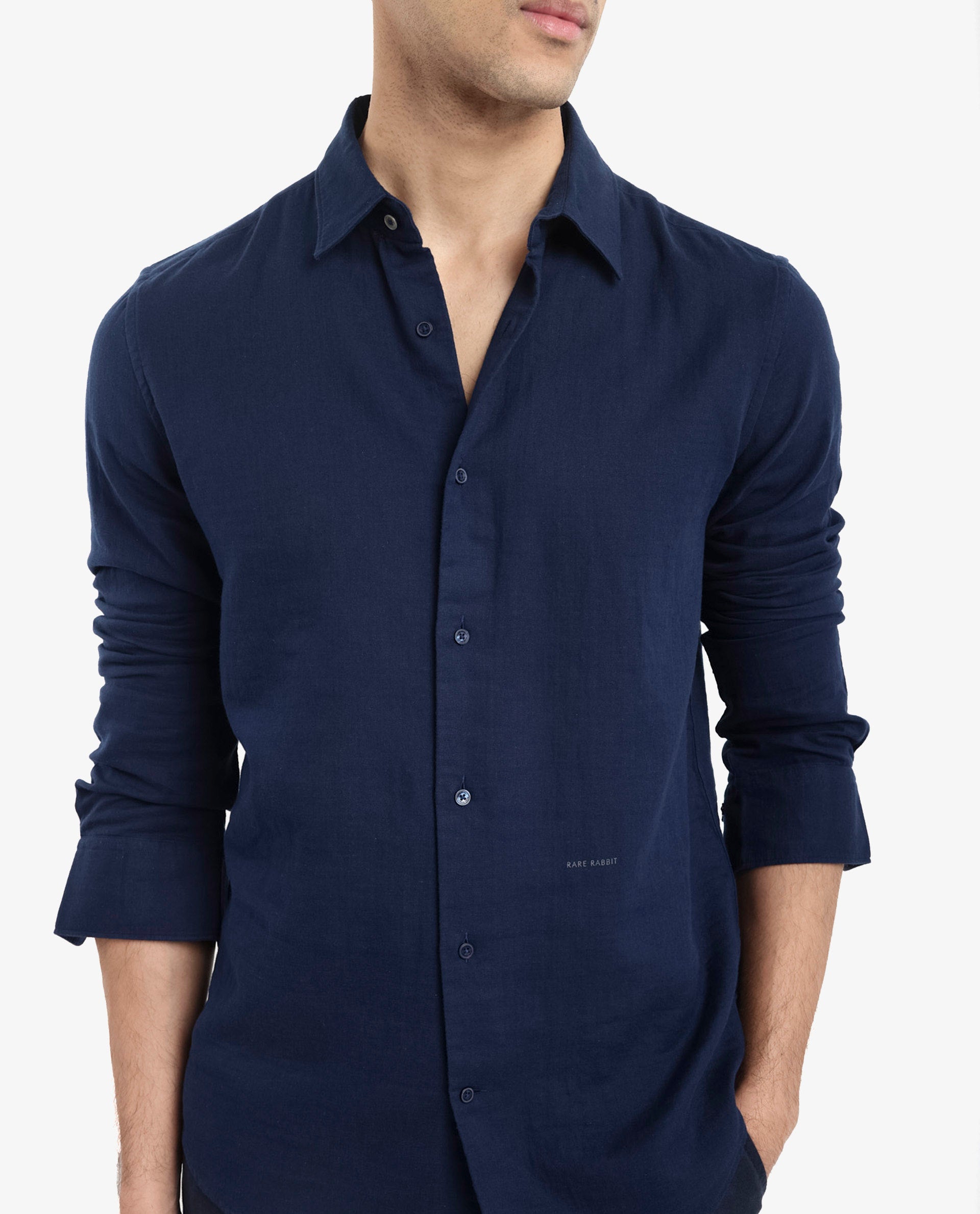 Rare Rabbit Men Layerr-2 Navy Cotton Fabric Full Sleeve Regular Fit Solid Shirt