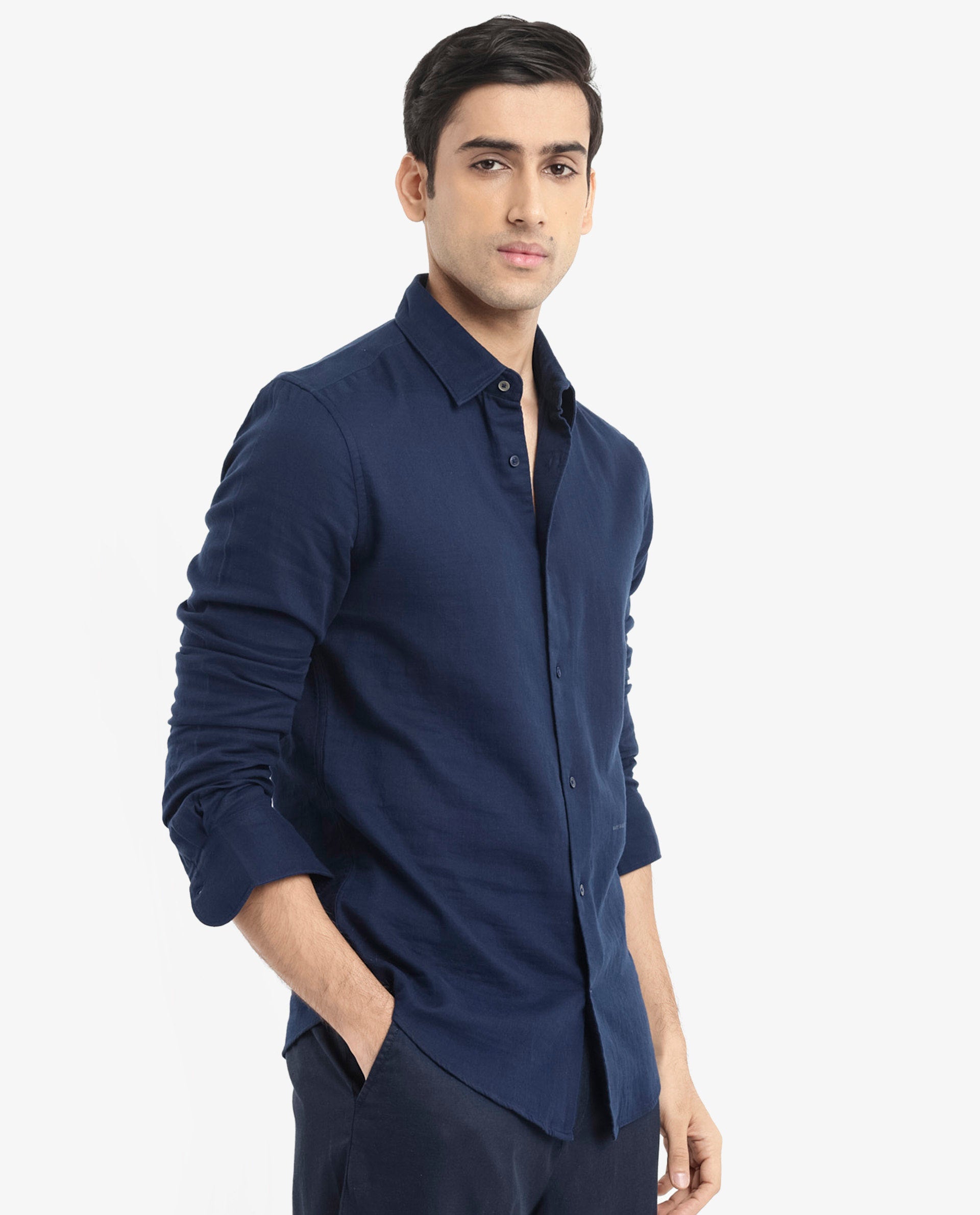 Rare Rabbit Men Layerr-2 Navy Cotton Fabric Full Sleeve Regular Fit Solid Shirt