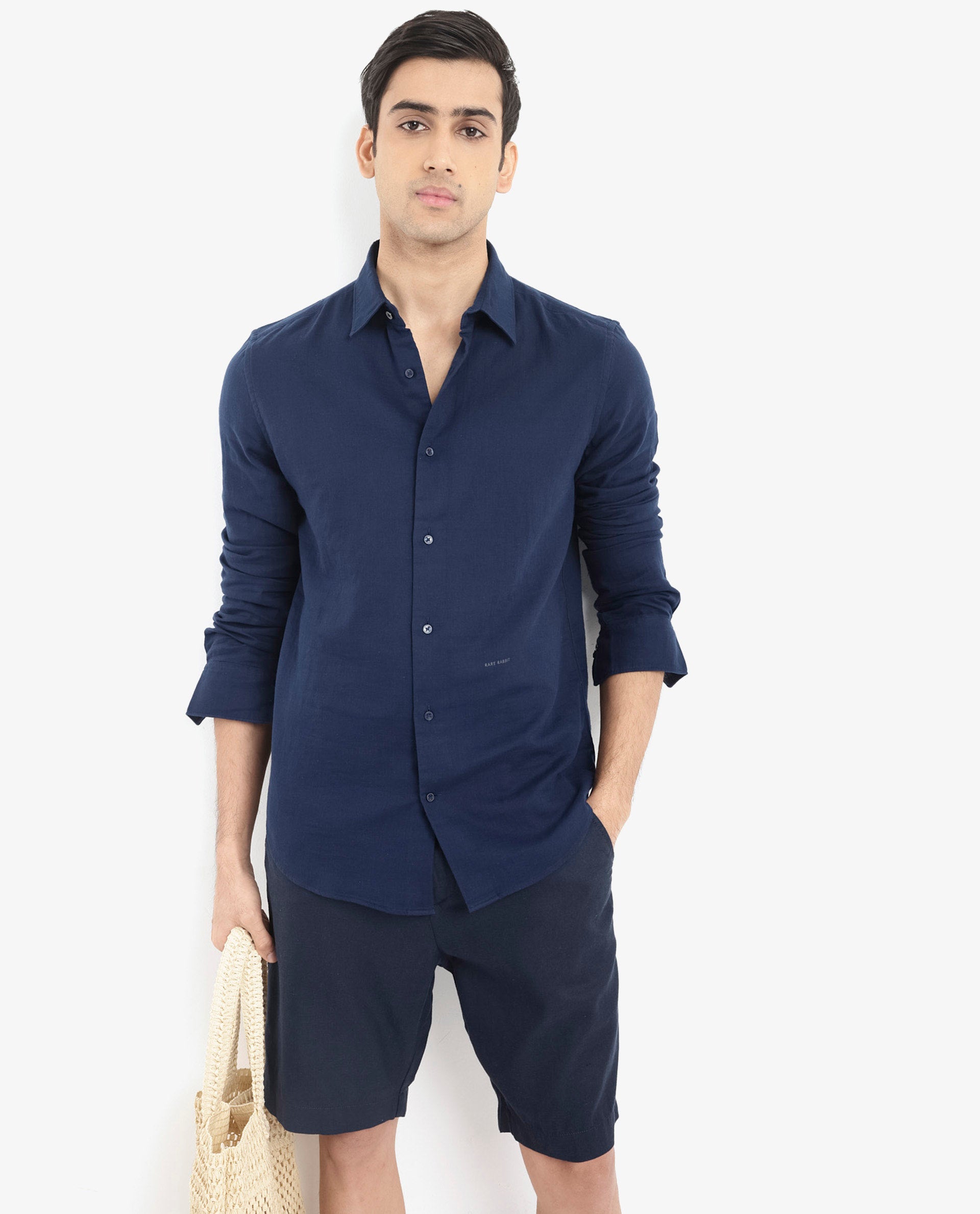 Rare Rabbit Men Layerr-2 Navy Cotton Fabric Full Sleeve Regular Fit Solid Shirt