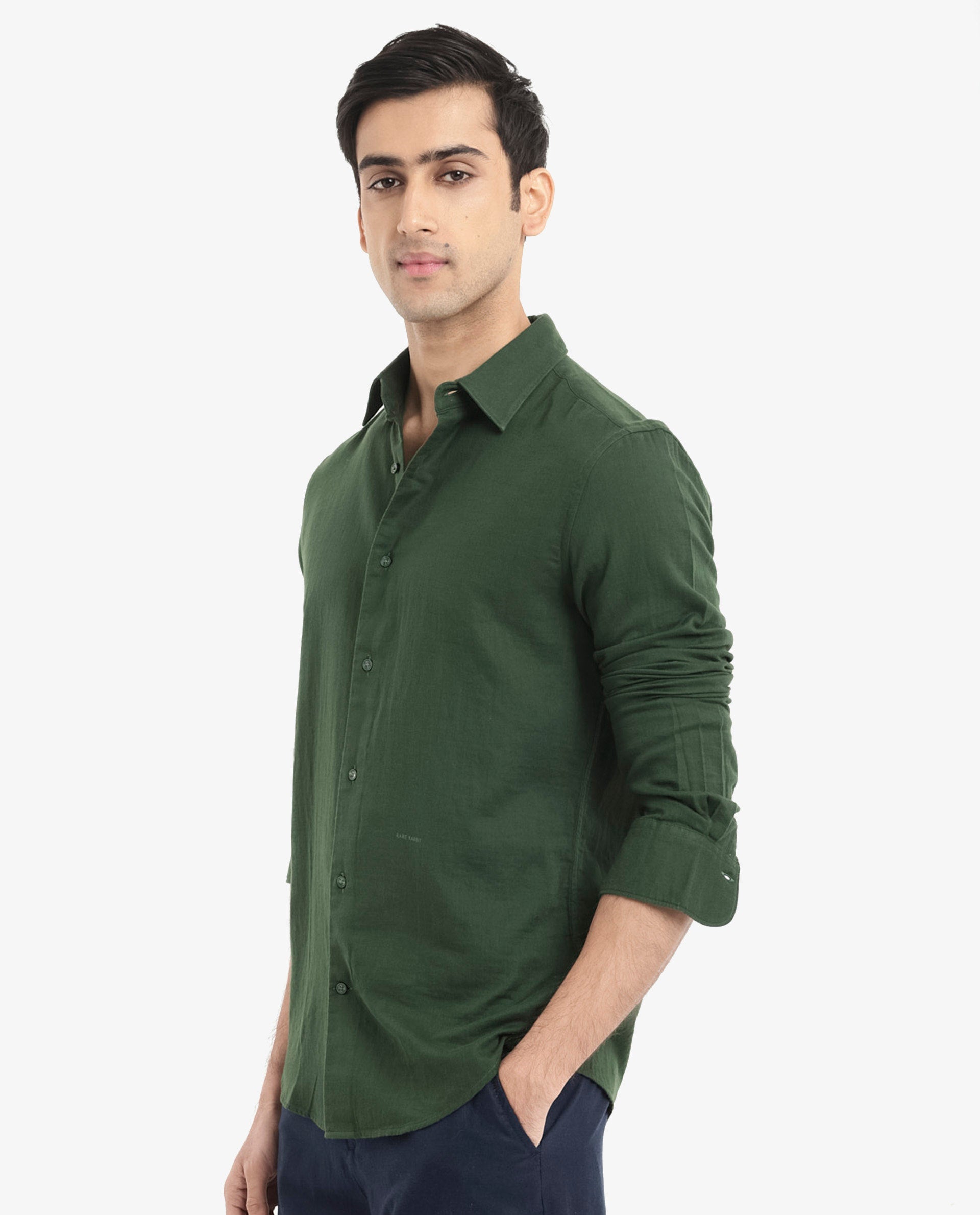 Rare Rabbit Men's Layerr-2 Olive Cotton Fabric Full Sleeve Regular Fit Solid Shirt