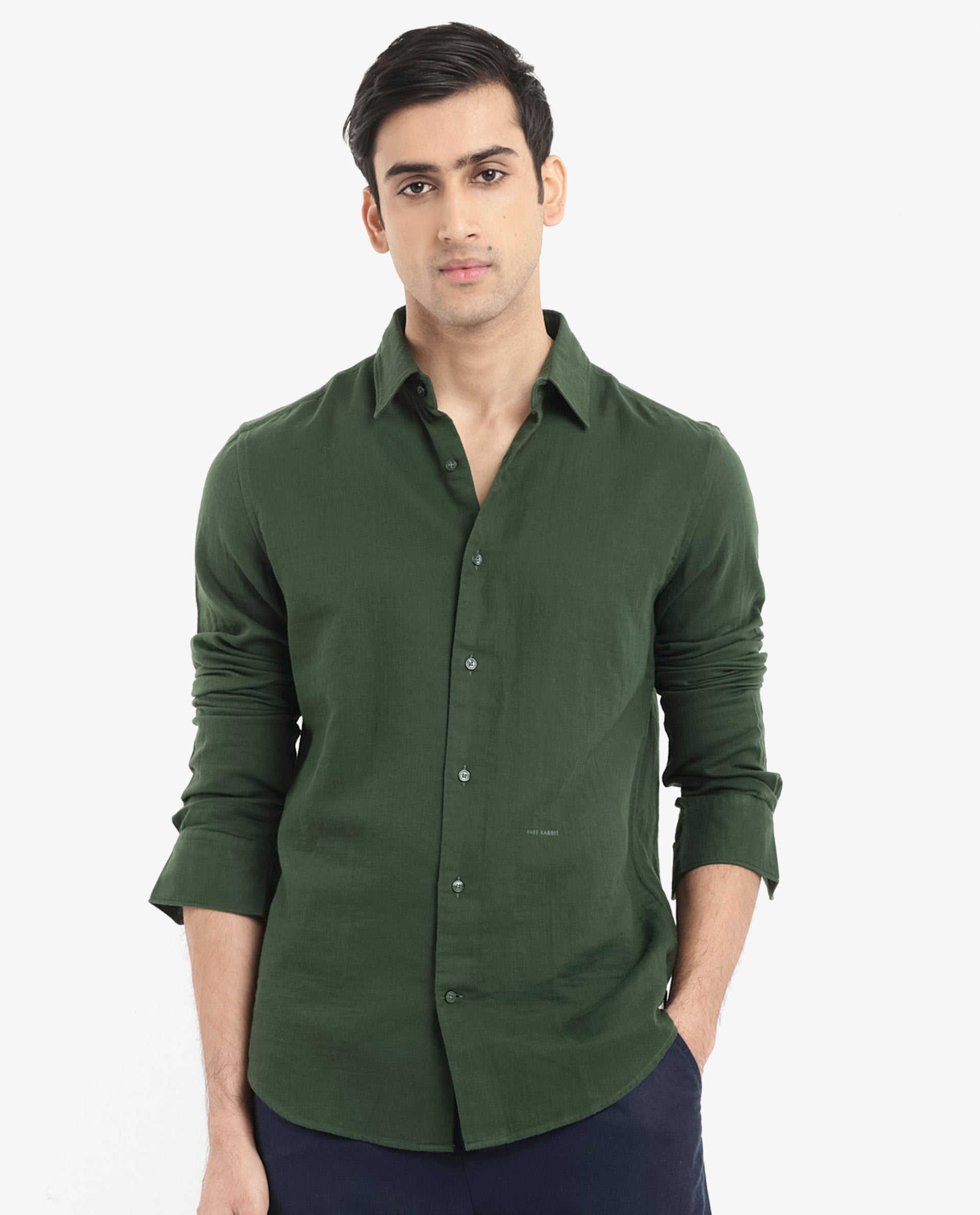 Rare Rabbit Men's Layerr-2 Olive Cotton Fabric Full Sleeve Regular Fit Solid Shirt