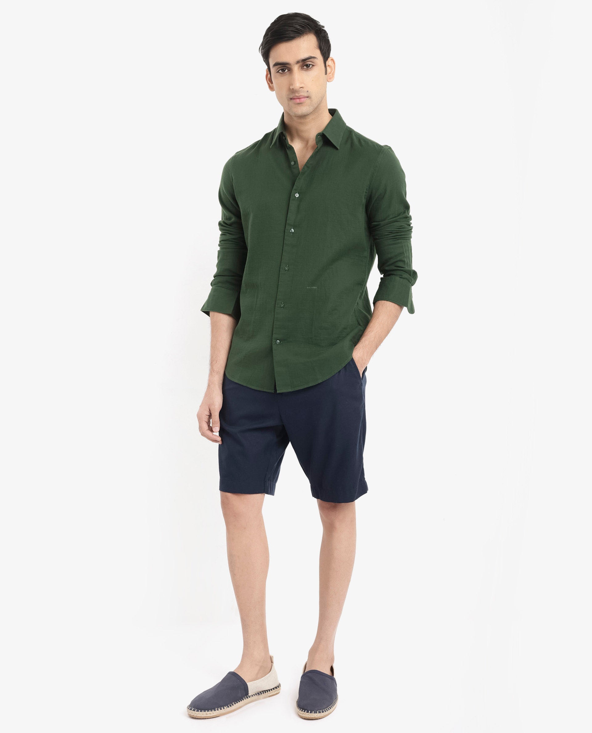 Rare Rabbit Men's Layerr-2 Olive Cotton Fabric Full Sleeve Regular Fit Solid Shirt