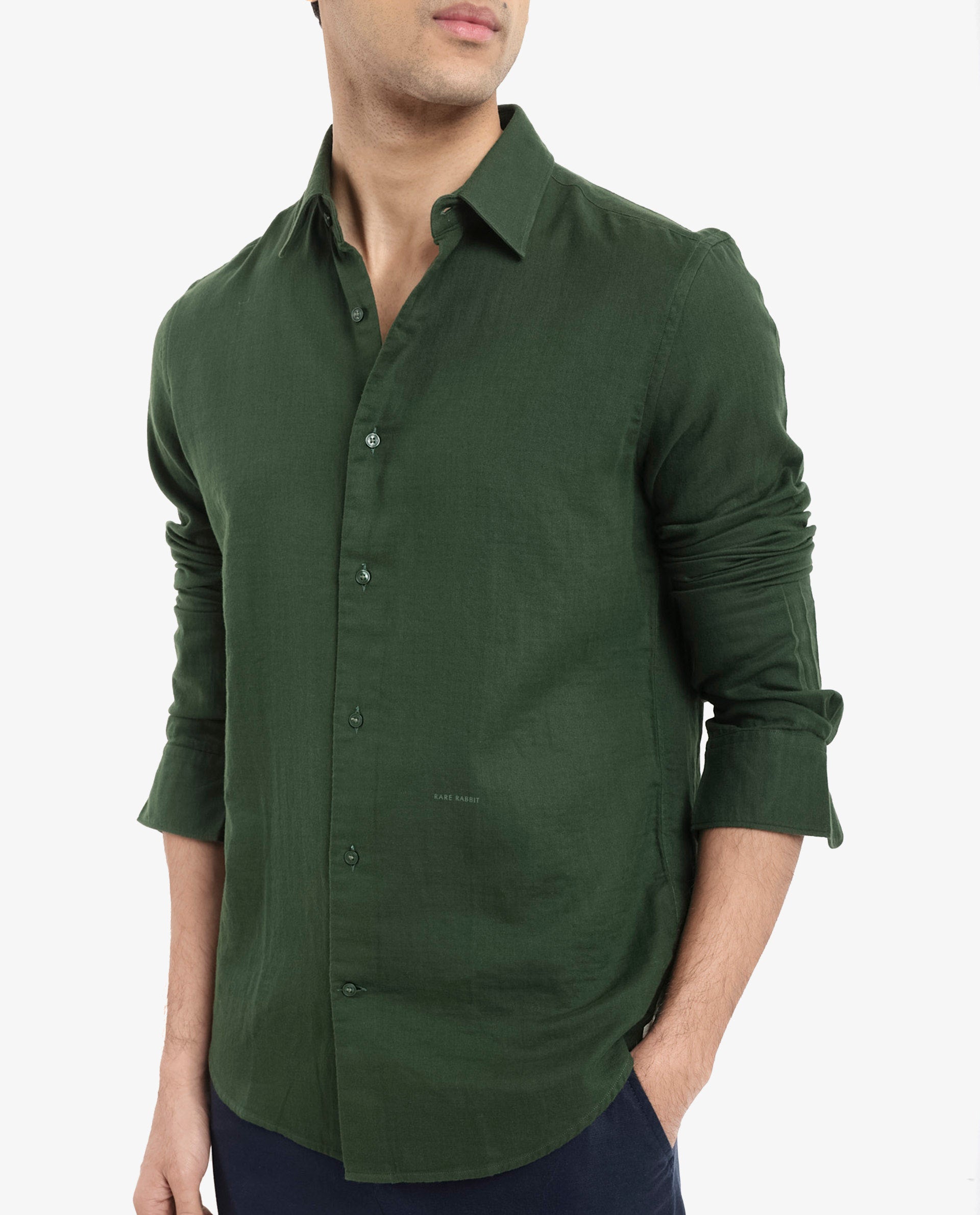 Rare Rabbit Men's Layerr-2 Olive Cotton Fabric Full Sleeve Regular Fit Solid Shirt