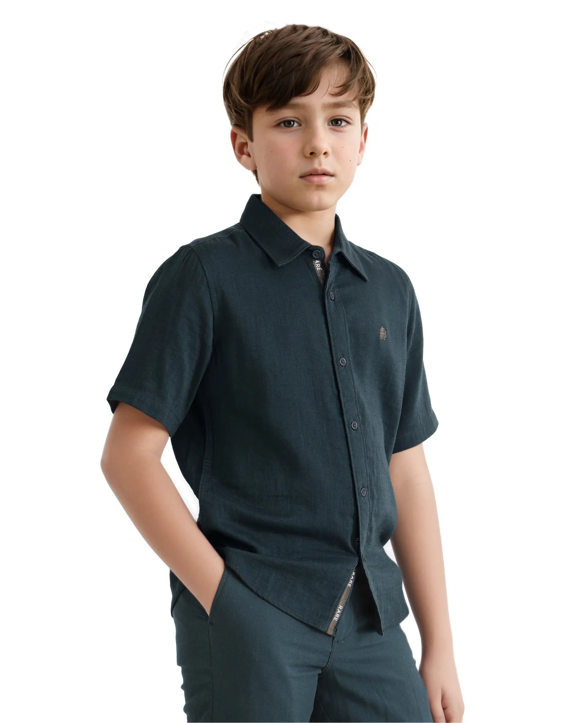 Rare Ones Kids Layerr Hs-K Teal Cotton Short Sleeve Spread Collar Solid Shirt