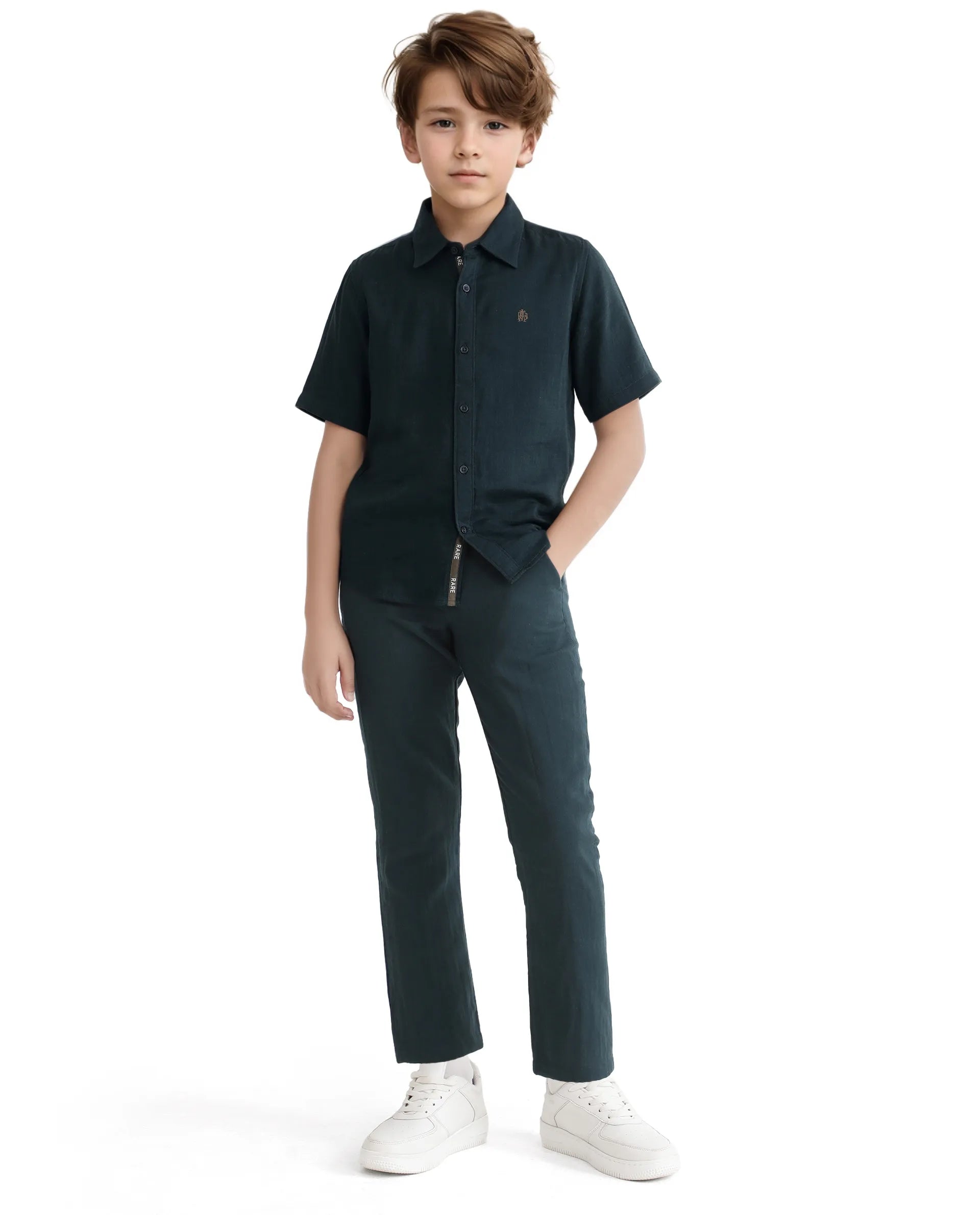 Rare Ones Kids Layerr Hs-K Teal Cotton Short Sleeve Spread Collar Solid Shirt