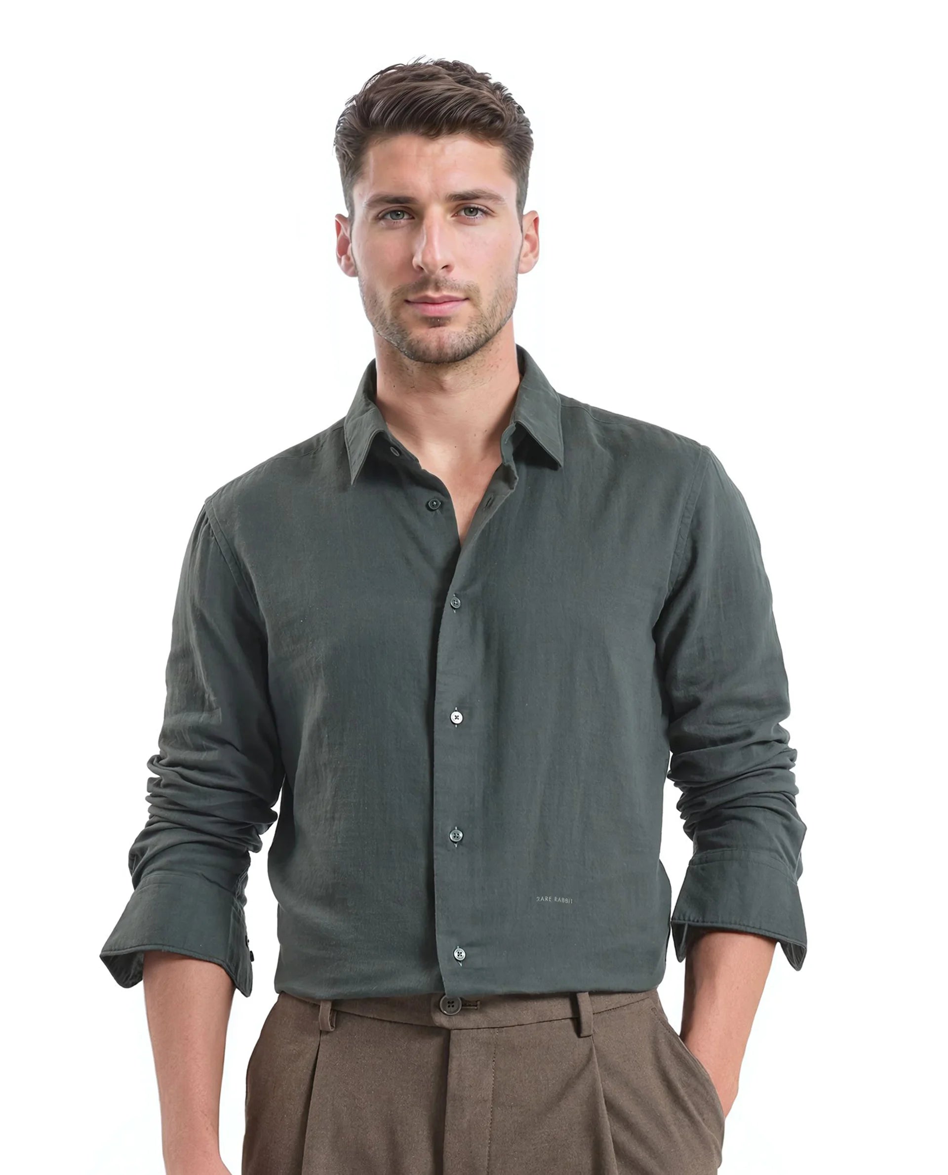 Rare Rabbit Men Layerr Ls-25 Dark Green Cotton Fabric Full Sleeves Collared Neck Button Closure Plain Shirt