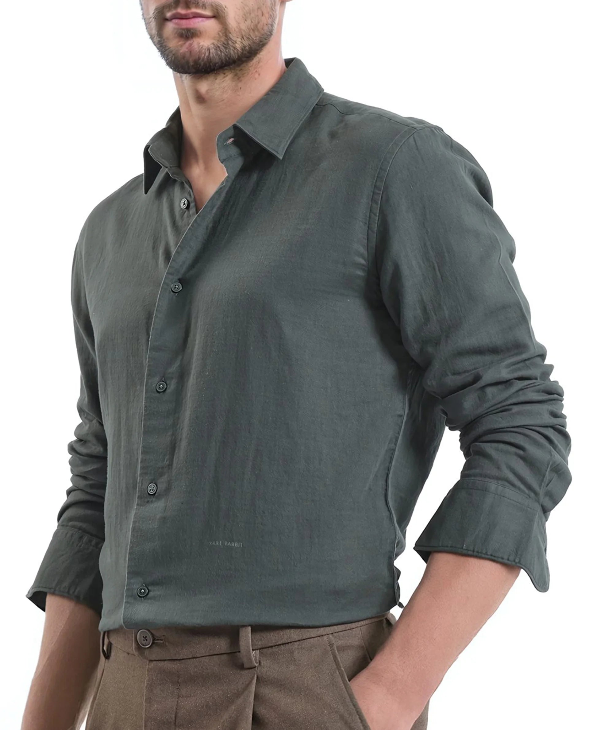 Rare Rabbit Men Layerr Ls-25 Dark Green Cotton Fabric Full Sleeves Collared Neck Button Closure Plain Shirt