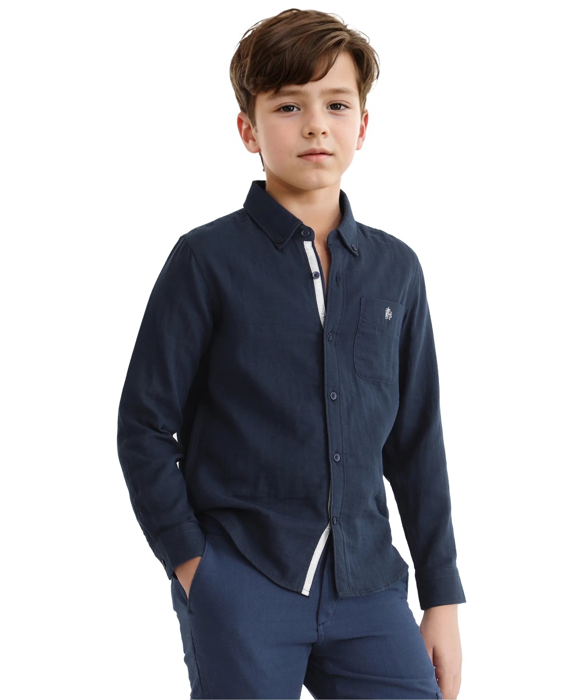 Rare Ones Kids Layerr Ls-K Navy Cotton Full Sleeve Spread Collar Solid Shirt
