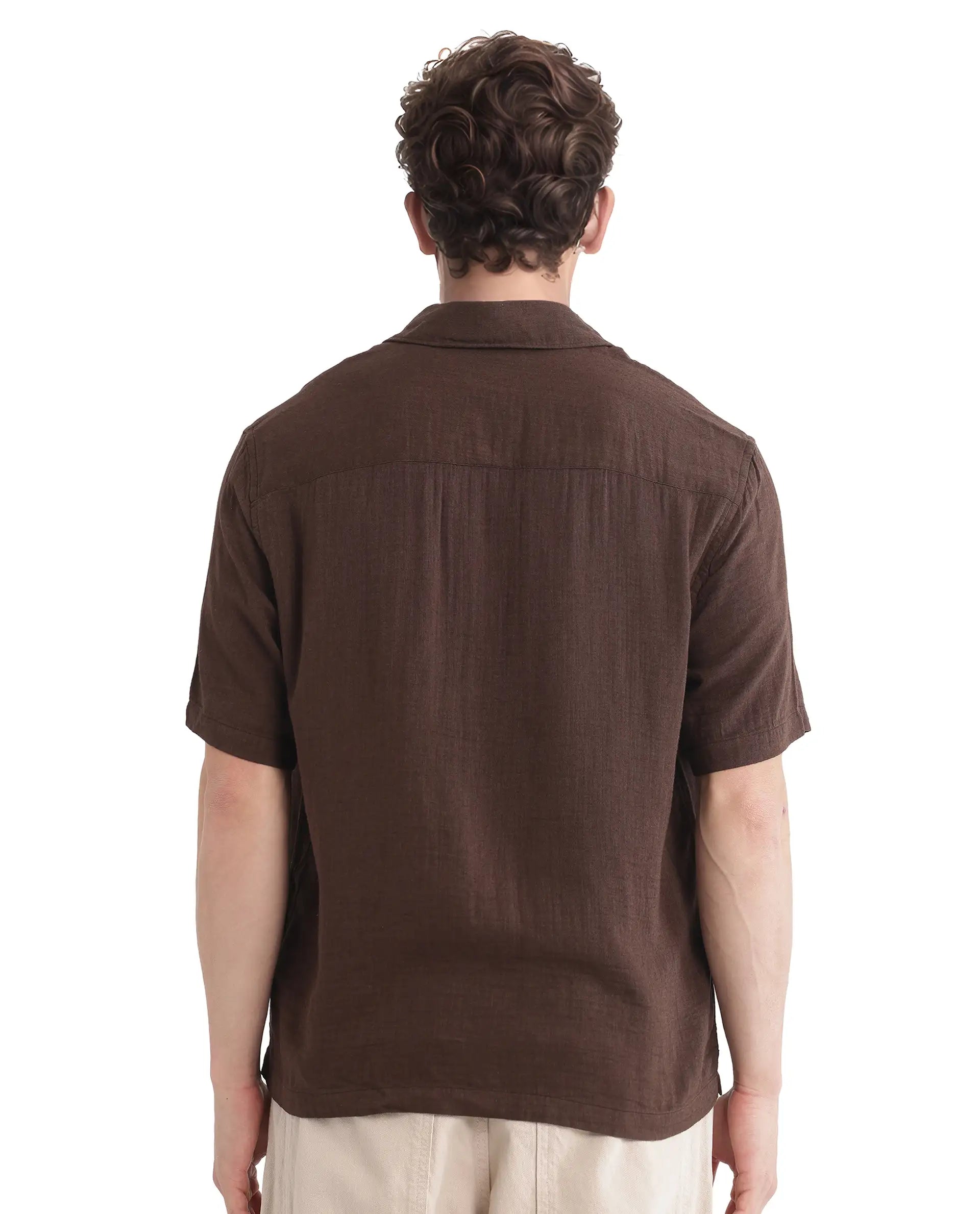 Rare Rabbit Men Layerr Ss-25 Dark Brown Cotton Viscose Fabric Short Sleeve Regular Collared Button Closure Solid Shirt