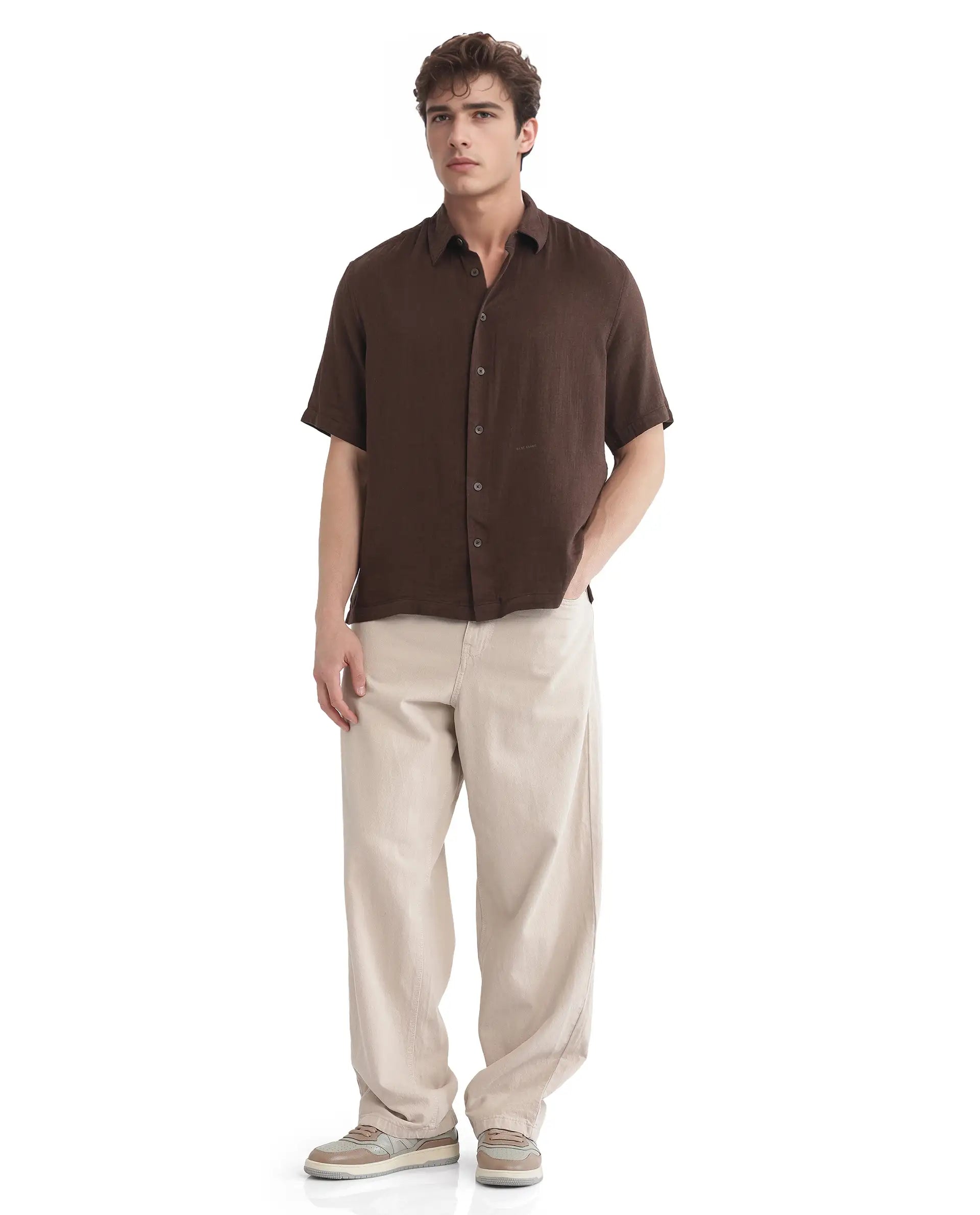 Rare Rabbit Men Layerr Ss-25 Dark Brown Cotton Viscose Fabric Short Sleeve Regular Collared Button Closure Solid Shirt