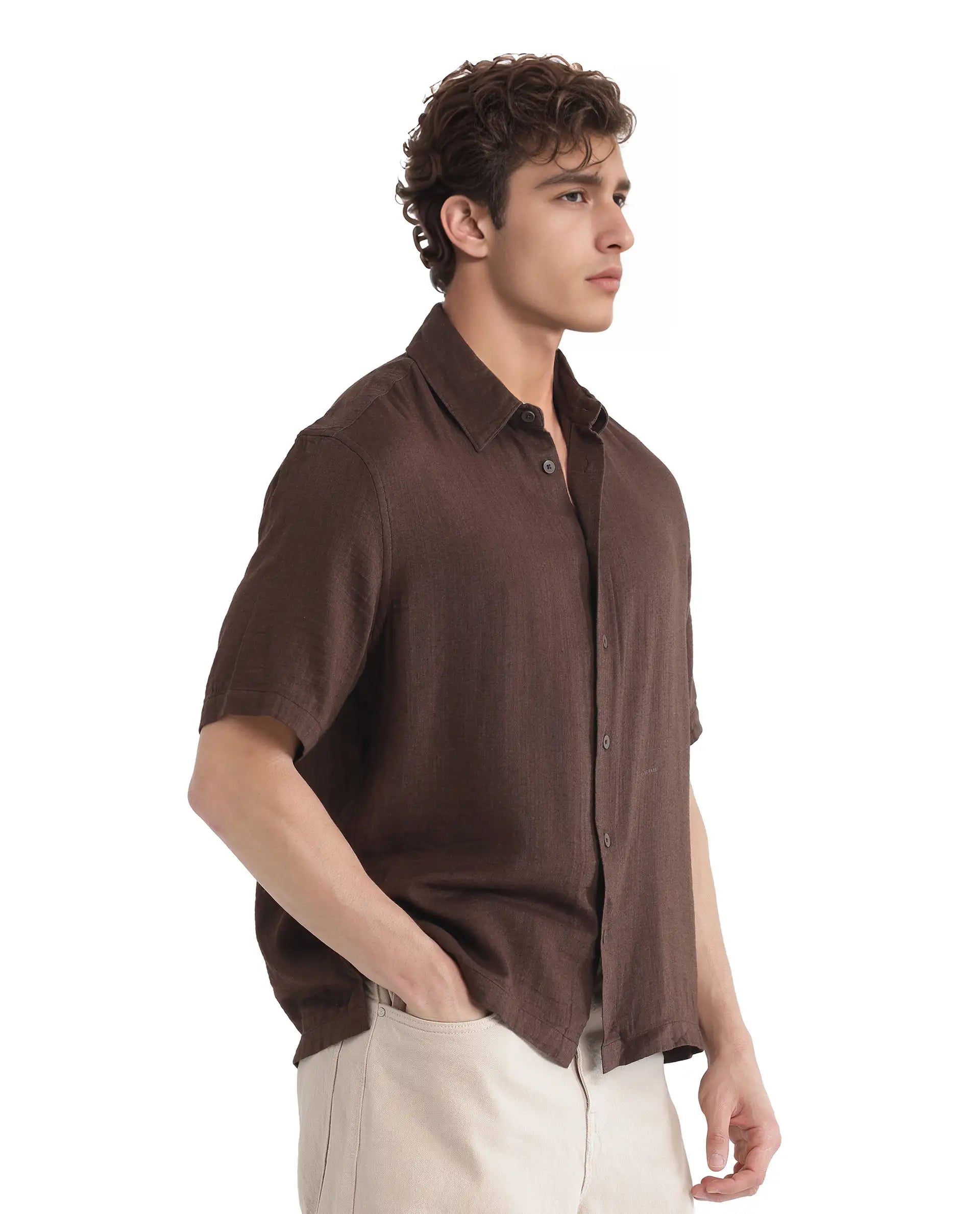 Rare Rabbit Men Layerr Ss-25 Dark Brown Cotton Viscose Fabric Short Sleeve Regular Collared Button Closure Solid Shirt