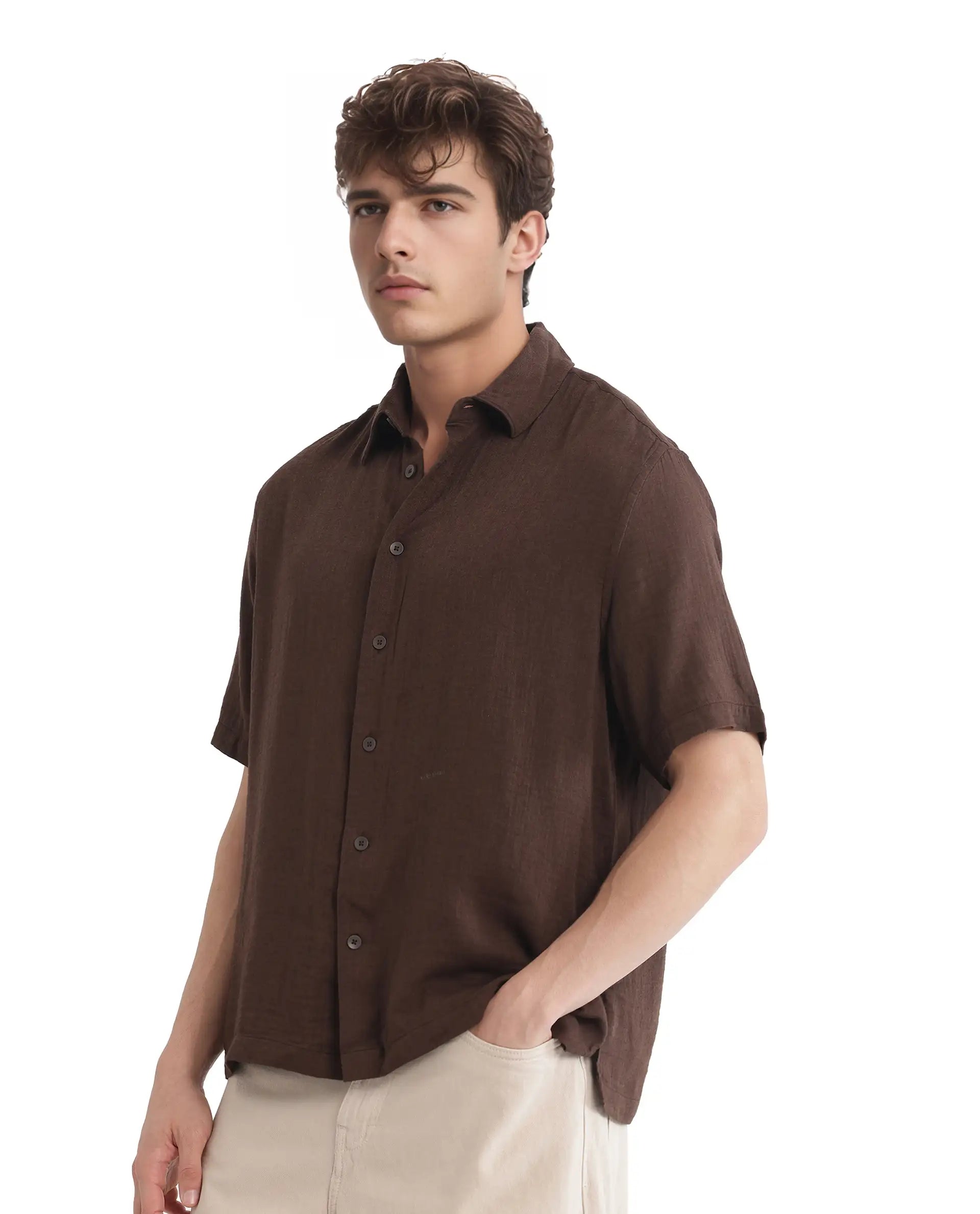 Rare Rabbit Men Layerr Ss-25 Dark Brown Cotton Viscose Fabric Short Sleeve Regular Collared Button Closure Solid Shirt