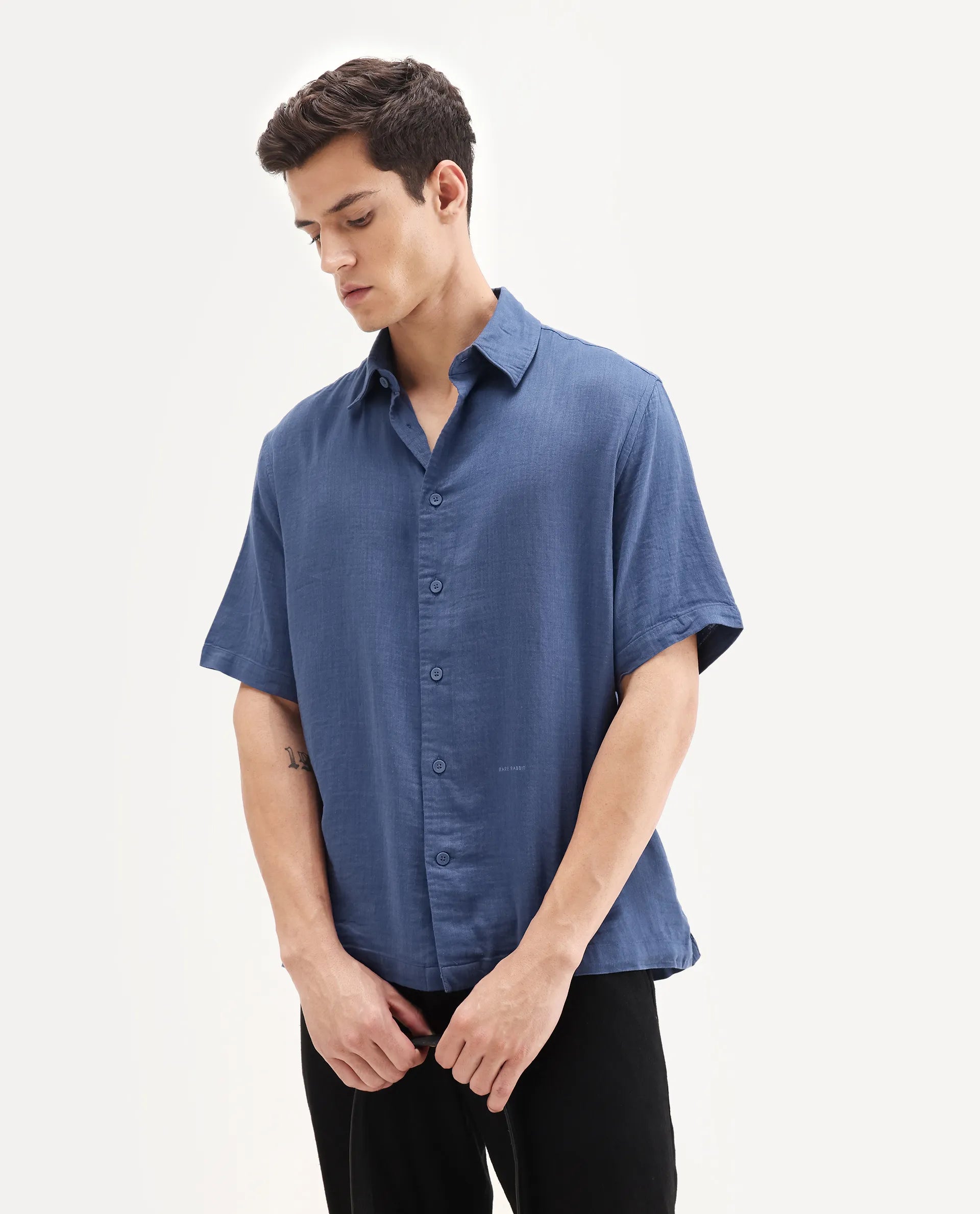 Rare Rabbit Men's Layerr Ss-25 Dark Blue Cotton Blend Plain Boxy Fit Full Sleeve Collared Shirt