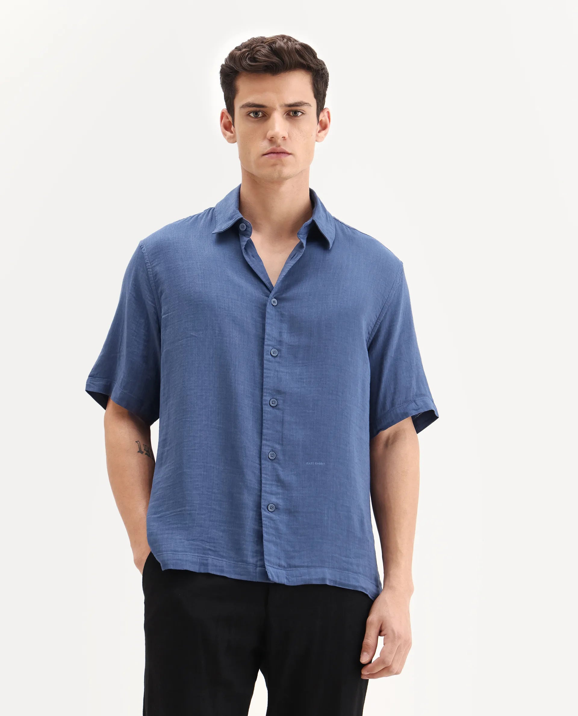 Rare Rabbit Men's Layerr Ss-25 Dark Blue Cotton Blend Plain Boxy Fit Full Sleeve Collared Shirt