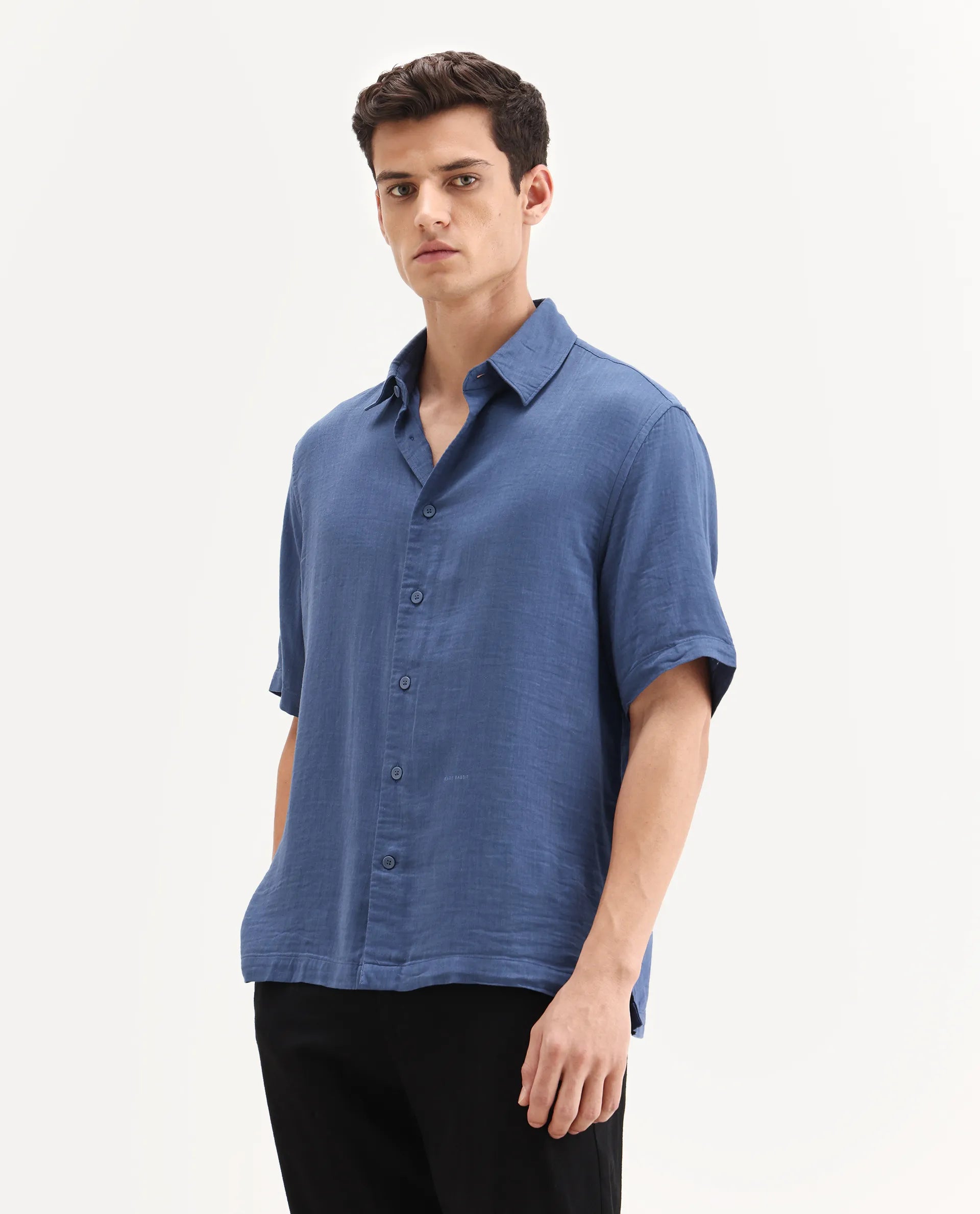 Rare Rabbit Men's Layerr Ss-25 Dark Blue Cotton Blend Plain Boxy Fit Full Sleeve Collared Shirt