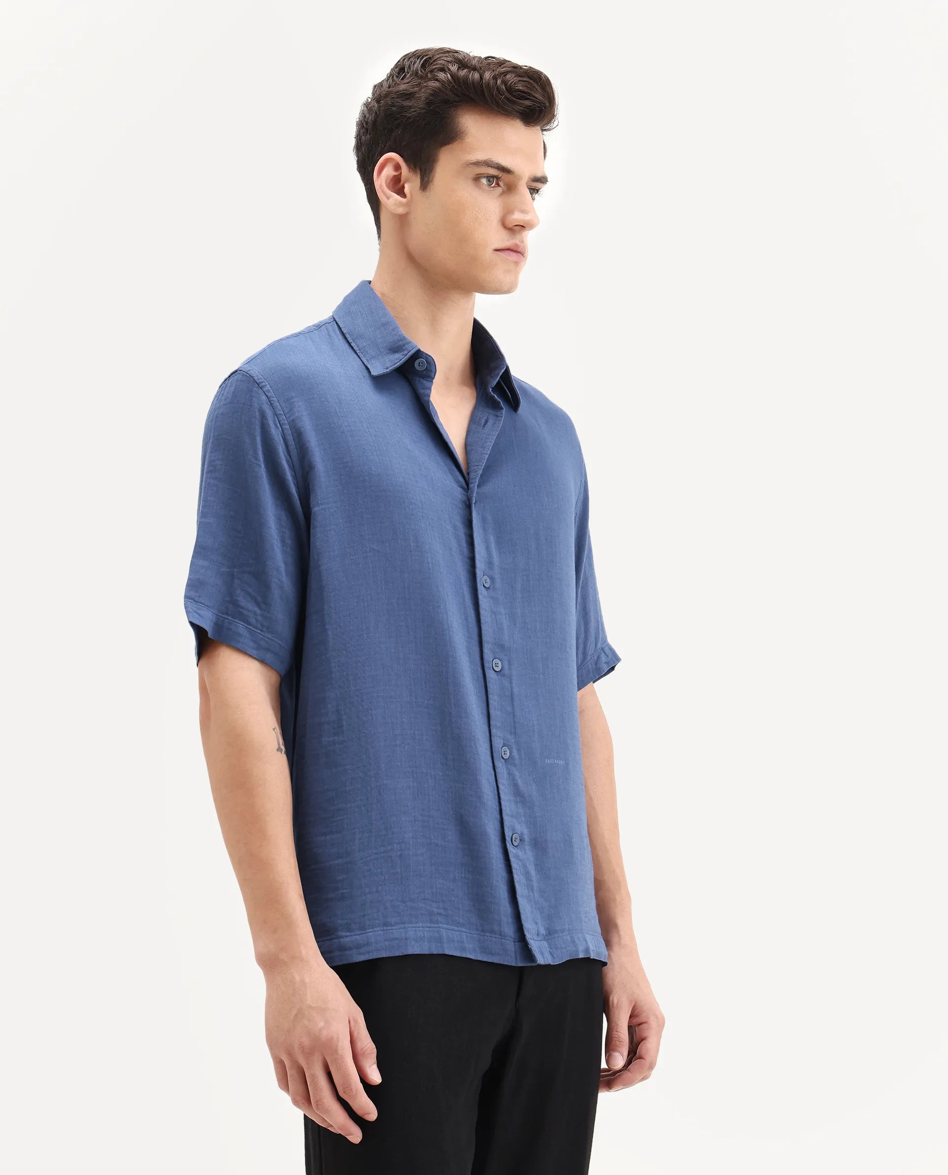 Rare Rabbit Men's Layerr Ss-25 Dark Blue Cotton Blend Plain Boxy Fit Full Sleeve Collared Shirt