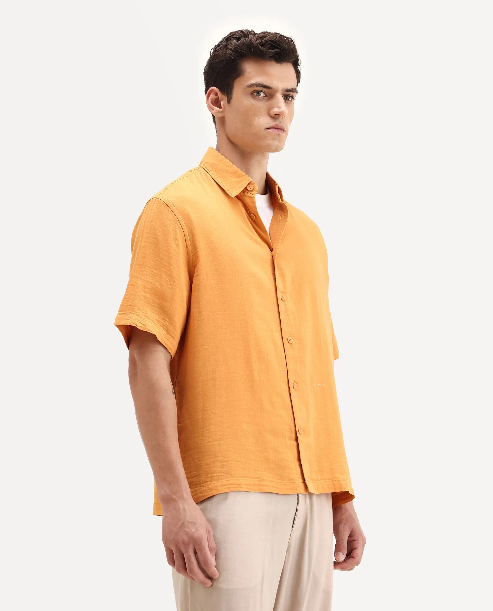 Rare Rabbit Men's Layerr Ss-25 Dark Yellow Cotton Blend Plain Boxy Fit Half Sleeve Collared Shirt