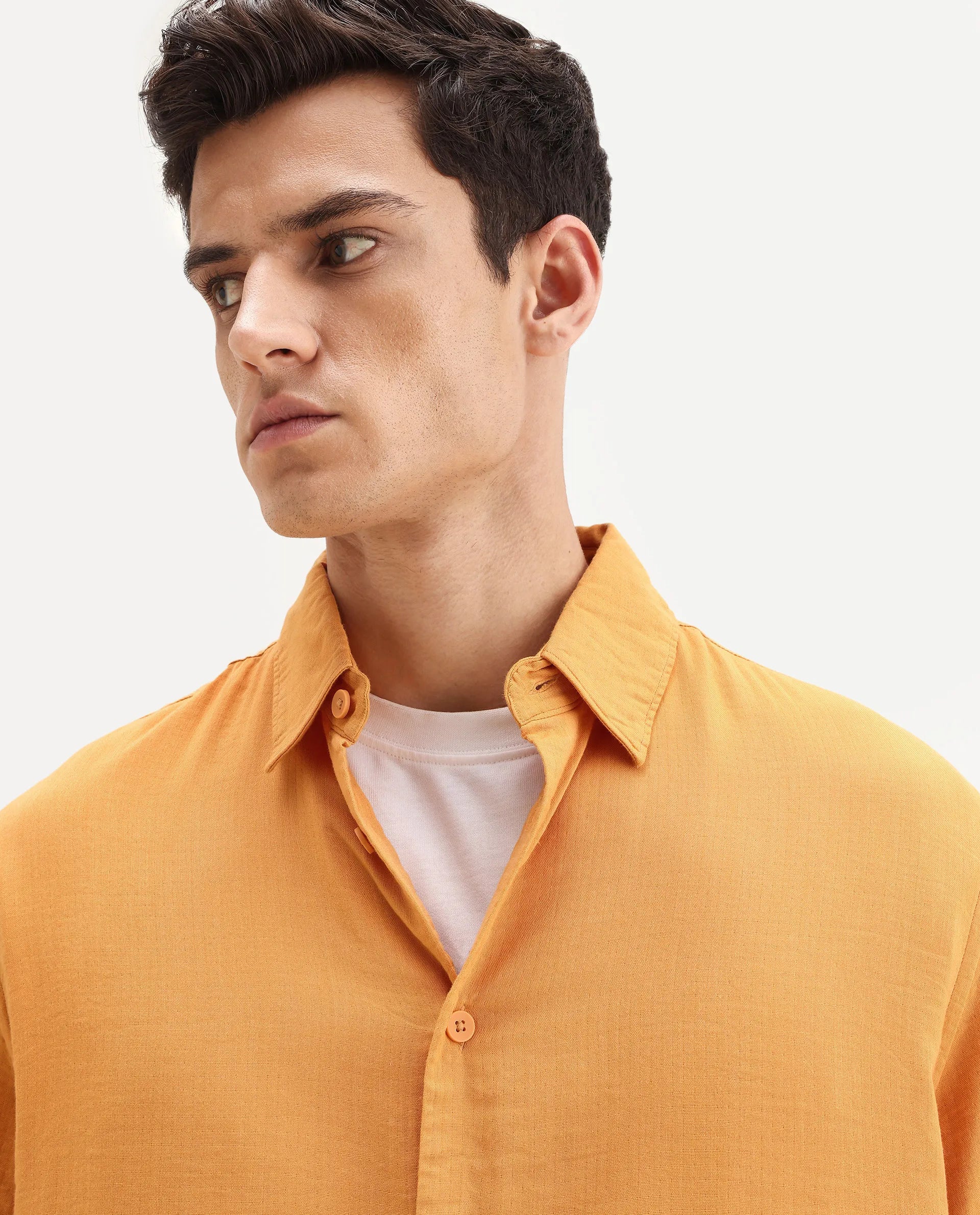 Rare Rabbit Men's Layerr Ss-25 Dark Yellow Cotton Blend Plain Boxy Fit Half Sleeve Collared Shirt