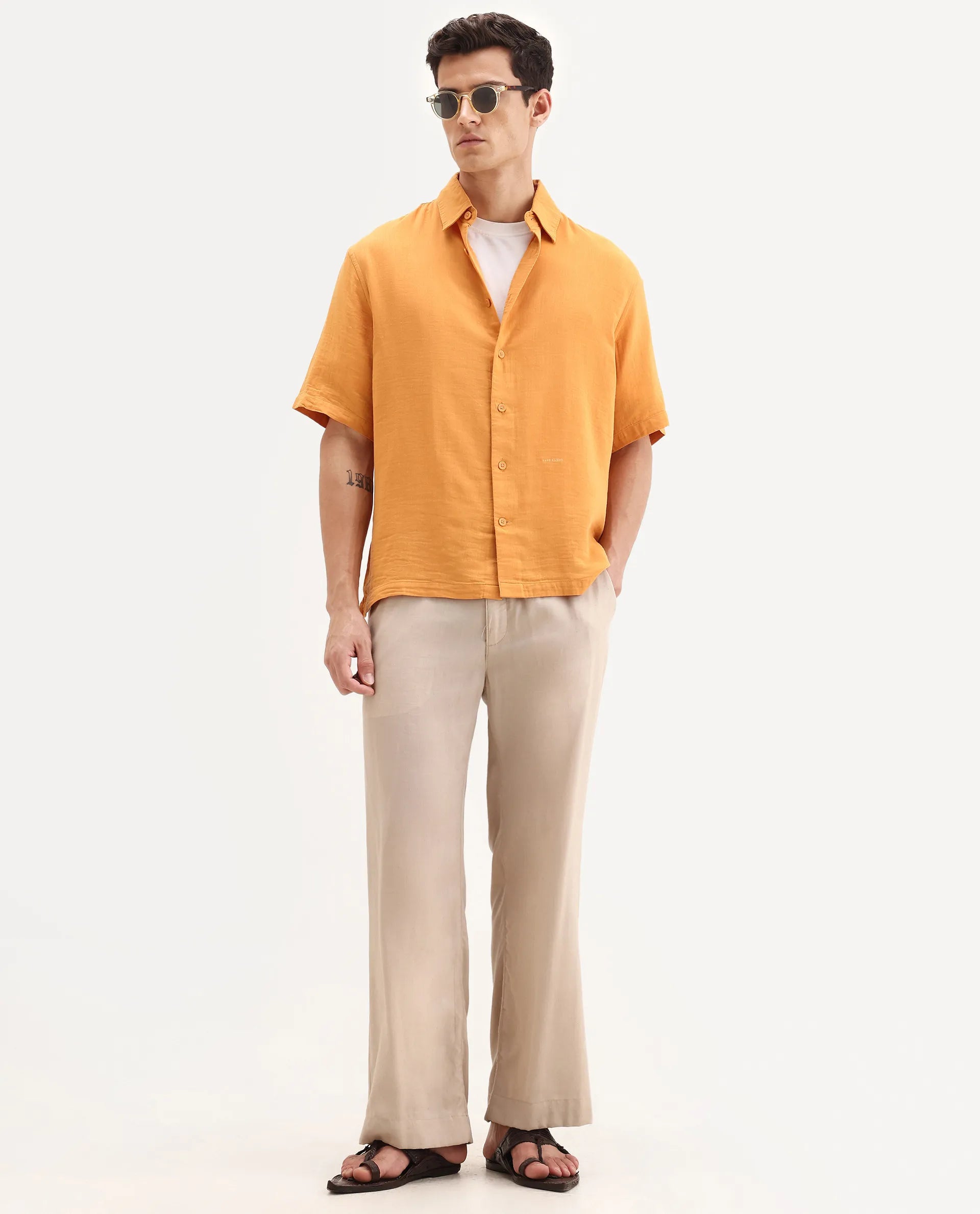 Rare Rabbit Men's Layerr Ss-25 Dark Yellow Cotton Blend Plain Boxy Fit Half Sleeve Collared Shirt